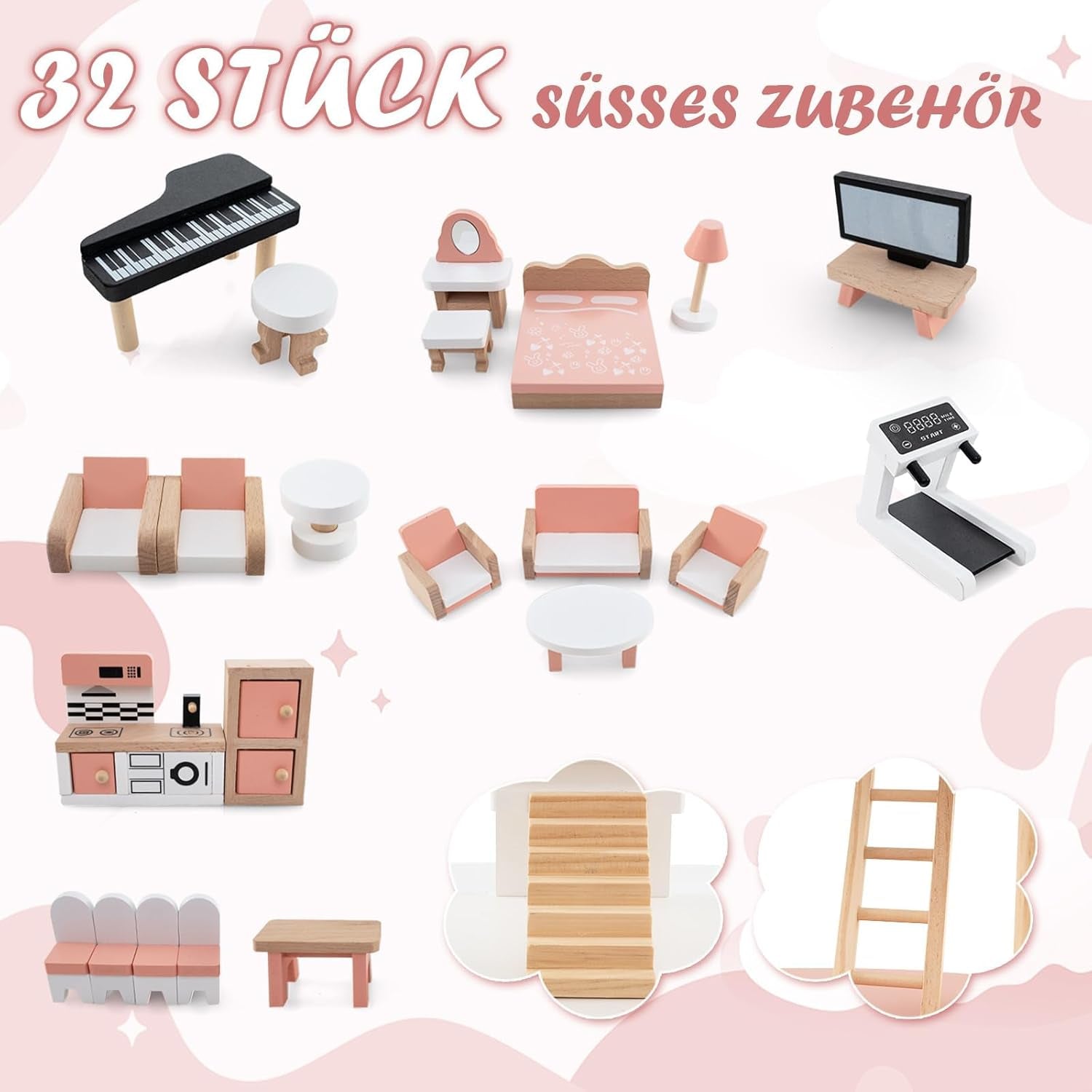 FANTASK Dřevěný domeček pro panenky, výška 85 cm, 7pokojový domeček pro panenky s 32 nábytkem a doplňky, domeček pro panenky s provazovým žebříkem, domeček pro panenky dárek pro 3leté holčičky (model 3) Naty Shop domečky pro panenky