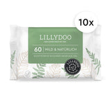 Zelené vlhčené ubrousky LILLYDOO, počet 600 (10 x 60), 100% ubrousek odolný proti roztržení bez plastů – bez parfemace, jemný a přírodní, jemný čistící prostředek pro citlivou pokožku, dermatologicky testováno