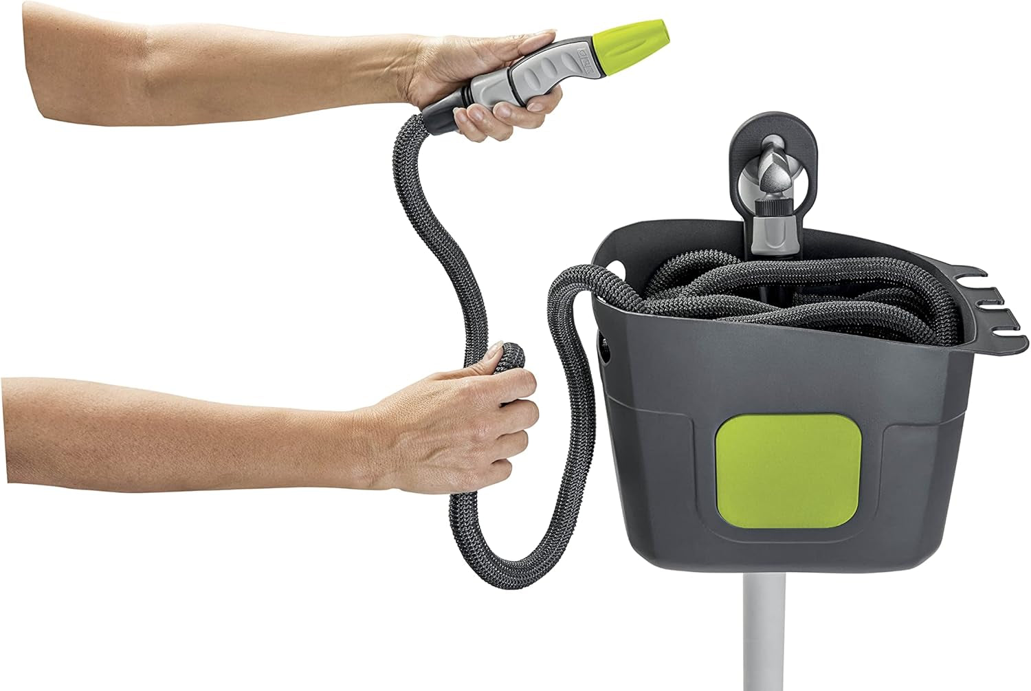 GF SRL, Aquapop Grey Pro 15, samonatahovací opletená hadice Made in Italy, s pevnou plastovou nádobou, ergonomický mini zahradní postřikovač, přípojky pro zavlažování zahrady, tmavě šedá