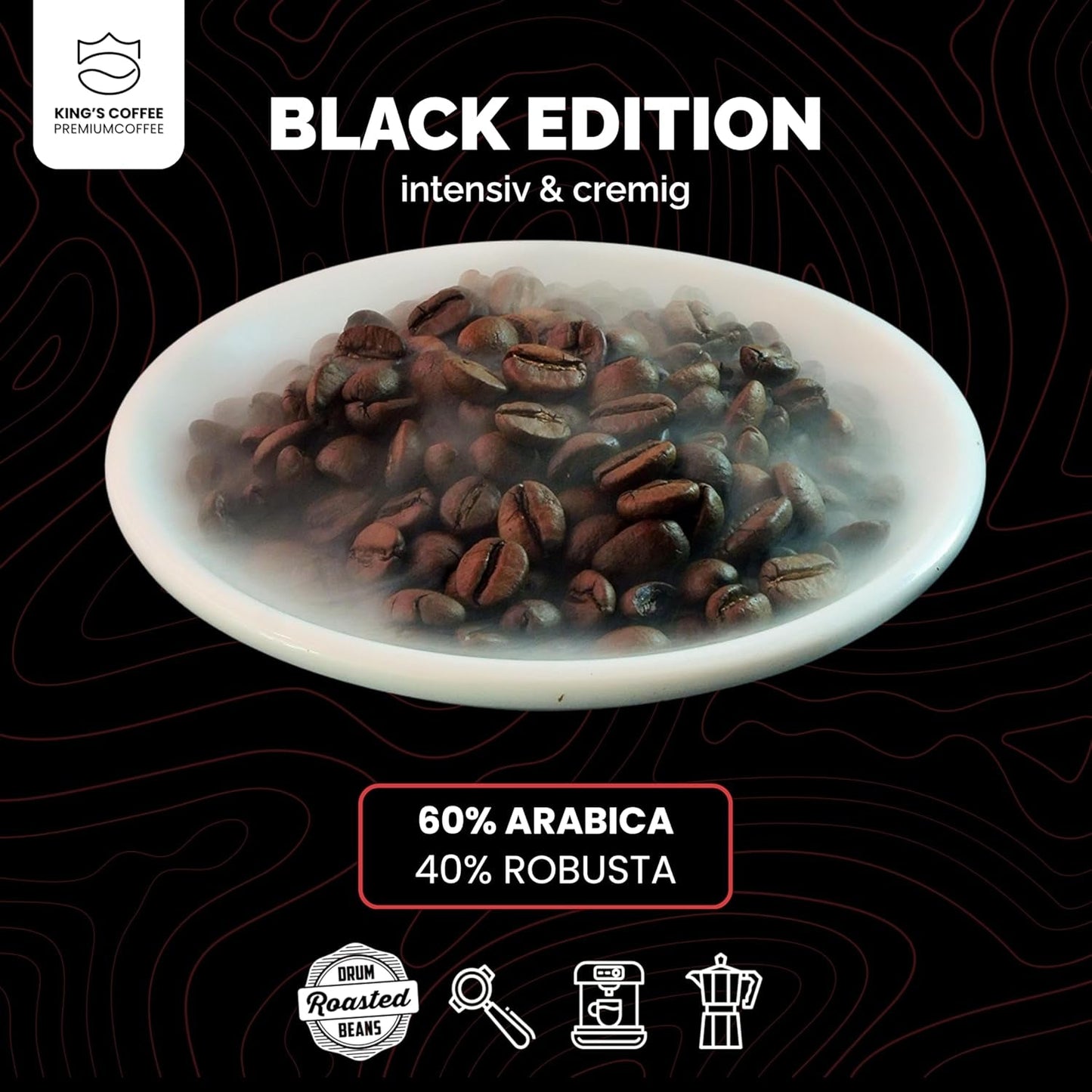 KING'S COFFEE - BLACK EDITION - 1 kg Intense smetanová zrnková káva - Káva s nízkou kyselostí - Malá dávka pražená z Itálie - Silná zrna Arabica Espresso (směs) pro plně automatické a portafiltrační stroje