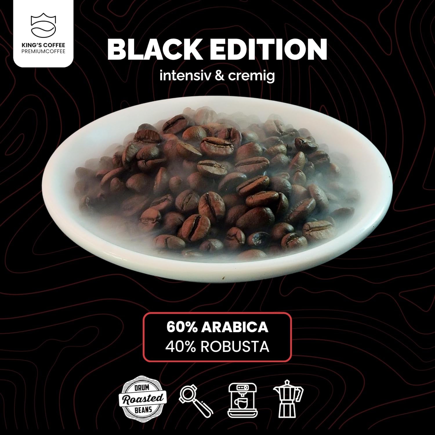 KING'S COFFEE - BLACK EDITION - 1 kg Intense smetanová zrnková káva - Káva s nízkou kyselostí - Malá dávka pražená z Itálie - Silná zrna Arabica Espresso (směs) pro plně automatické a portafiltrační stroje