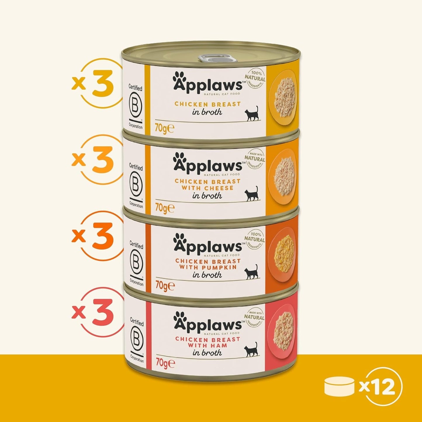 Applaws 100% přírodní prémiové vlhké krmivo pro kočky Výběr kuřecího vývaru pro dospělé kočky – 4 balení (12 x 70 g)