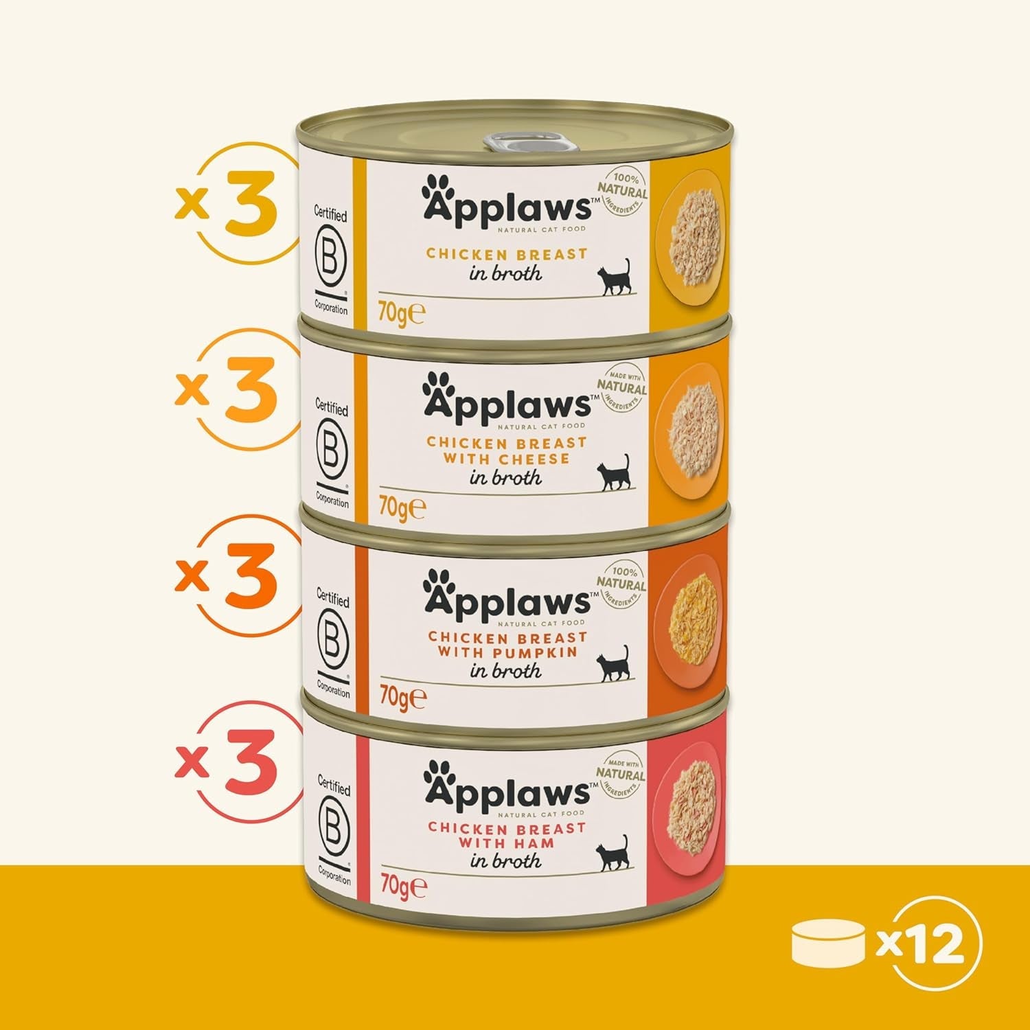 Applaws 100% přírodní prémiové vlhké krmivo pro kočky Výběr kuřecího vývaru pro dospělé kočky – 4 balení (12 x 70 g)