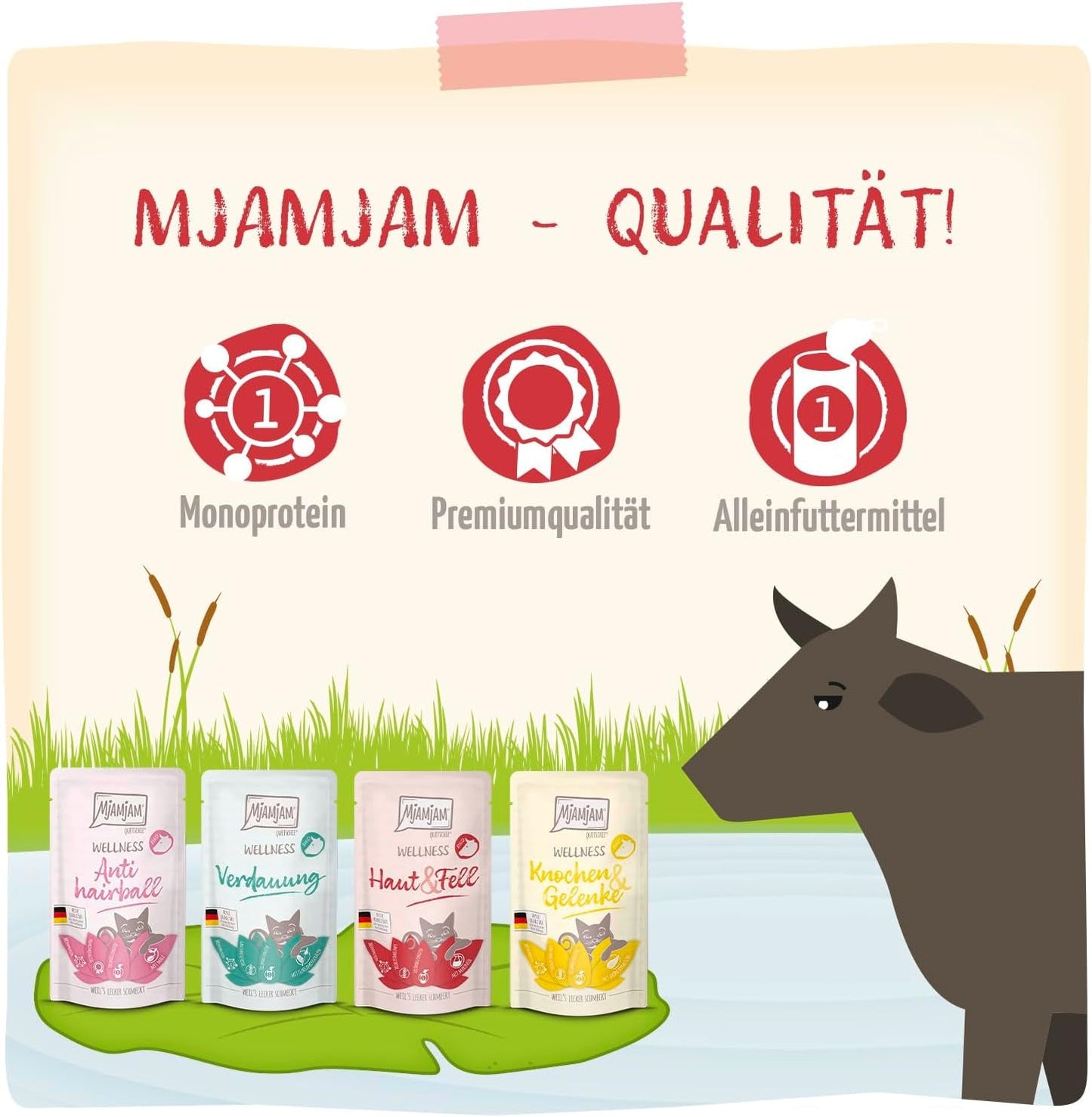 MjAMjAM - prémiové mokré krmivo pro kočky - wellness balíček hovězí maso, balení 12 ks (12 x 125 g), bez obilovin s extra masem