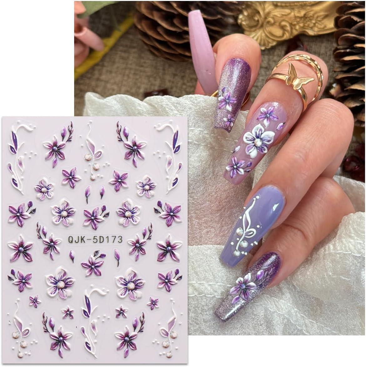 JMEOWIO 3D Nálepka na nehty Blumen Nálepka na nehty Selbstklebend Nagelaufkleber 5D Stereoskopické jarní letní dekorace Nageldesign Zubehör 4 Blatt
