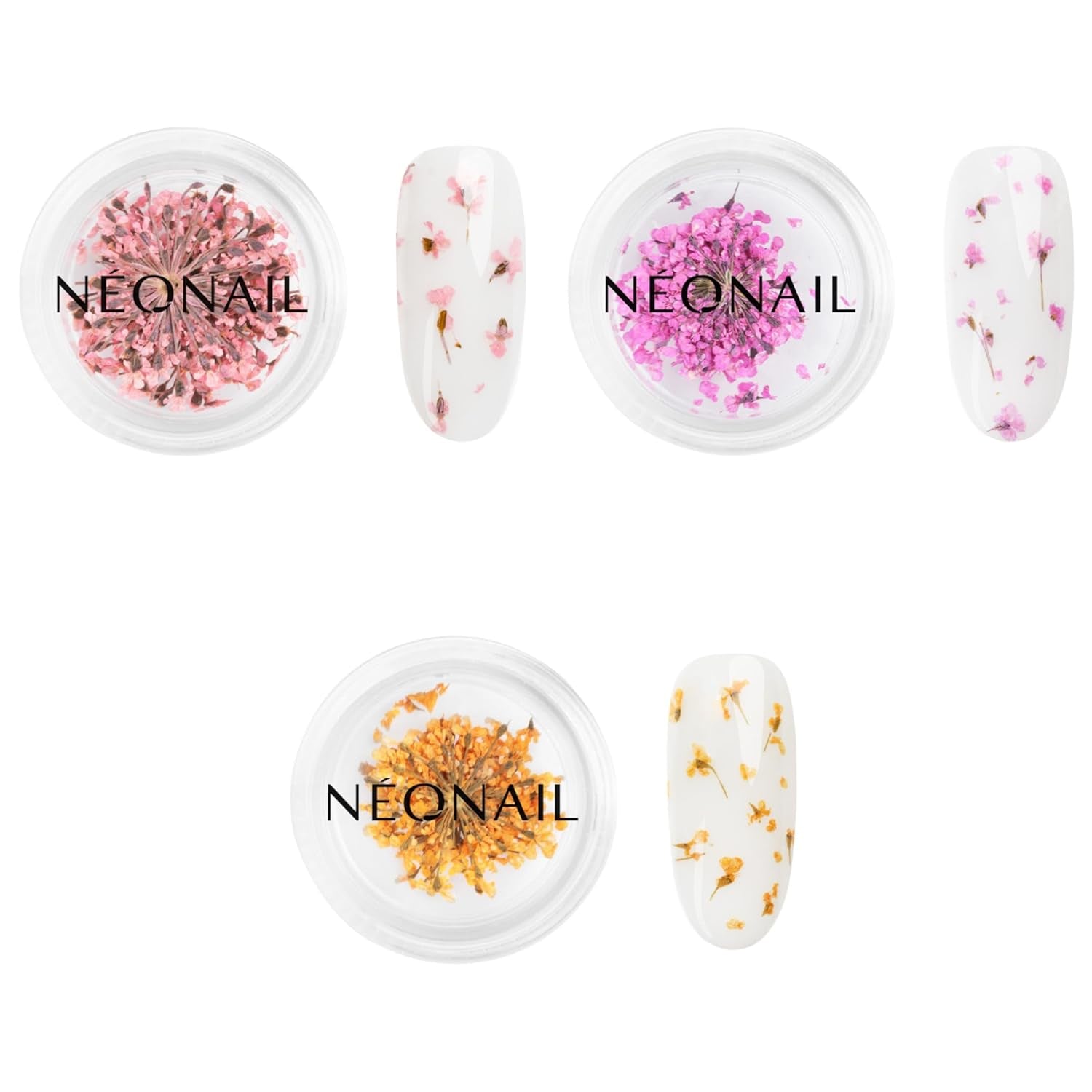 NÉONAIL Sada květin na nehty - Trockenblumen - Getrocknete Blumen - Nageldesign Zubehör - Nageldekorationen - Getrocknete Blüten - Dekorace na nehty - Gelnägel Zubehör - 3 barvy - Rosa, Lila, Orange