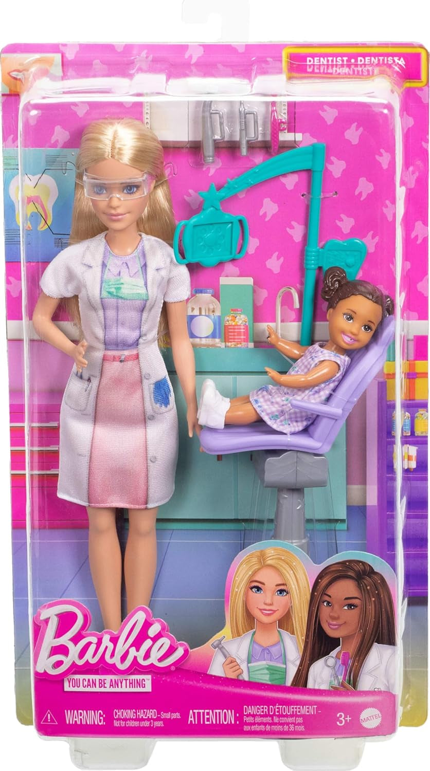Barbie panenka zubního lékaře, módní panenka s blond vlasy, modrými šaty a laboratorním pláštěm, 1 dětská panenka, příslušenství ke zkoušce a různé doplňky, JCR74