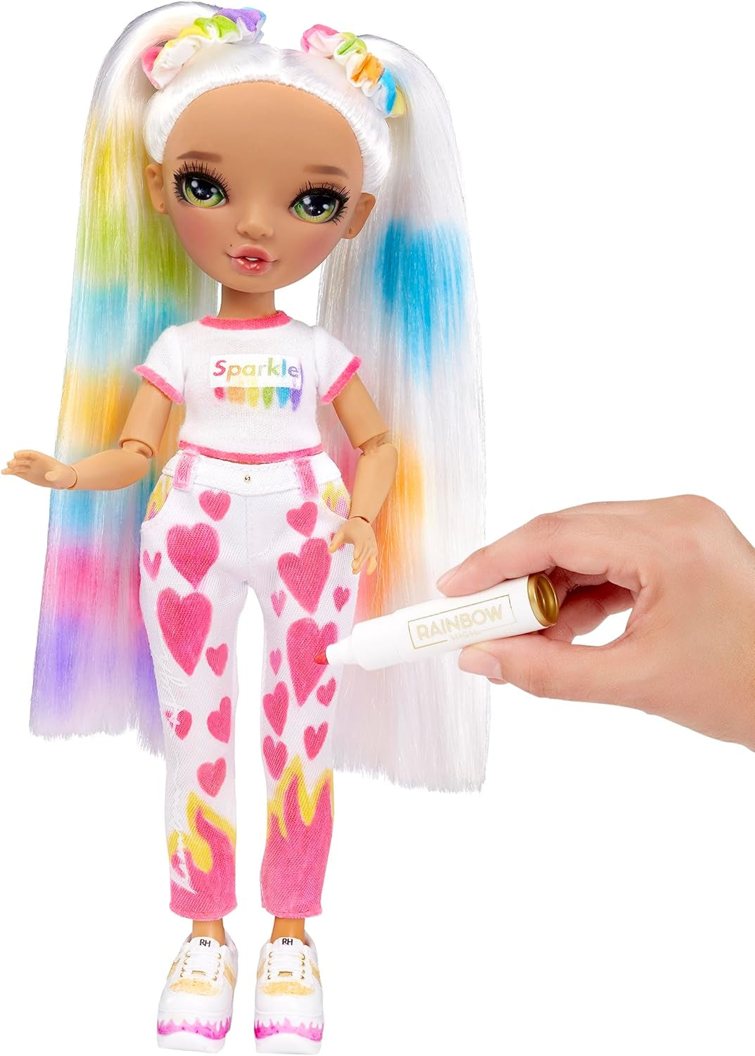 Rainbow High Color & Create DIY Modepuppe - Grüne Augen, Zopfe, extra Top & Schuhe, abwaschbare Regenbogenstifte - Ausmalen, Gestalten, Spielen, Auswaschen - für Kinder von 4-12 Jahren und Sammler