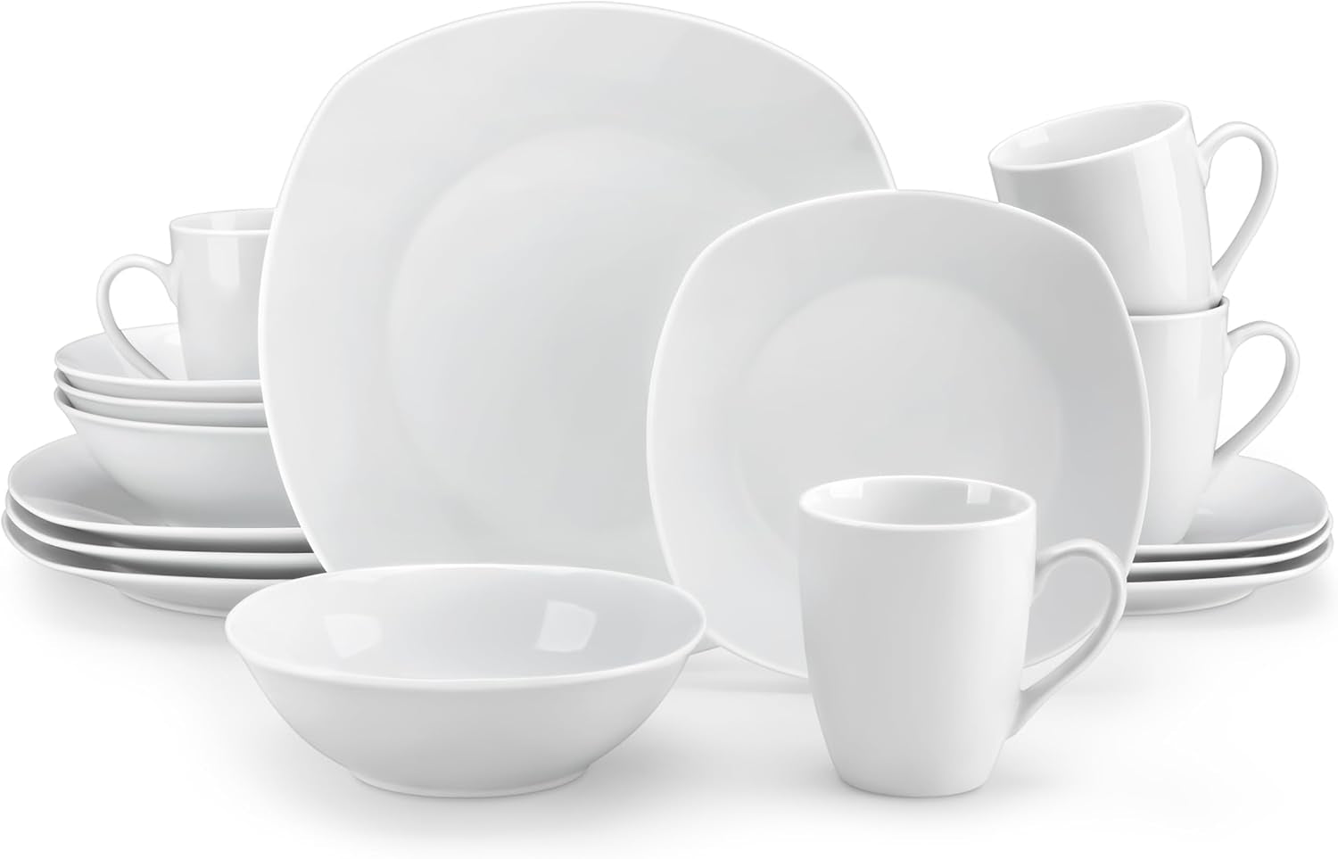 Sada nádobí MALACASA pro 4, 16dílné bílé porcelánové nádobí, moderní sada nádobí se 4 talíři, dezertními talíři, talíři a šálky Suma, řada ELISA