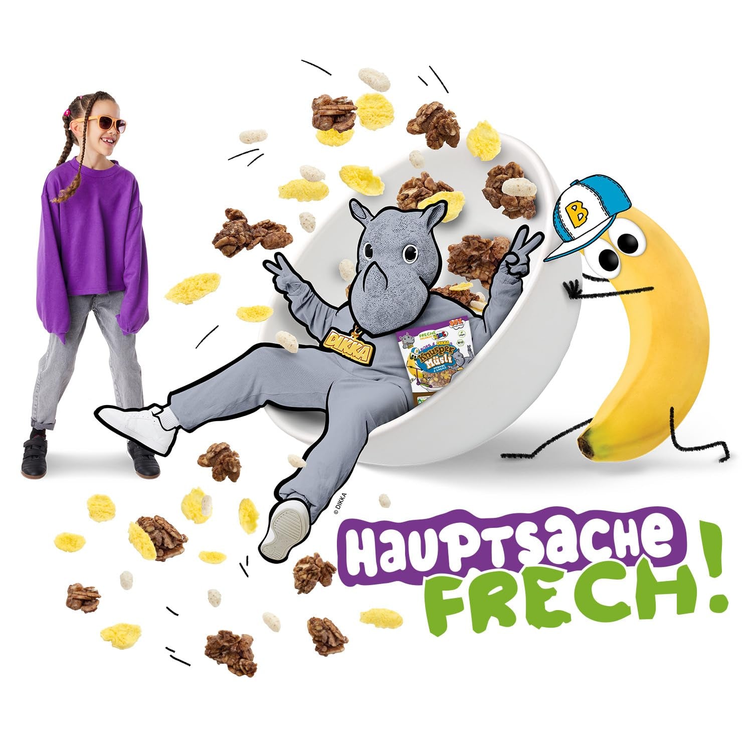 FRECHE FREUNDE KIDS, Bobs & DIKKAs Křupavé banánové kakaové müsli, křupavé čokoládové müsli pro děti, nízký obsah cukru, bez přísad, 100% vegan, 6 kusů (6 x 280 g)