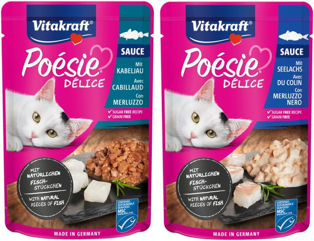 Vitakraft Poésie Délice, Fish Selection, Nassfutter Katze, Katzennassfutter v omáčce, mit Seelachs, mit Kabeljau, bez Zusatz von Zucker und Getreide (1 balíček s 6x 85g)