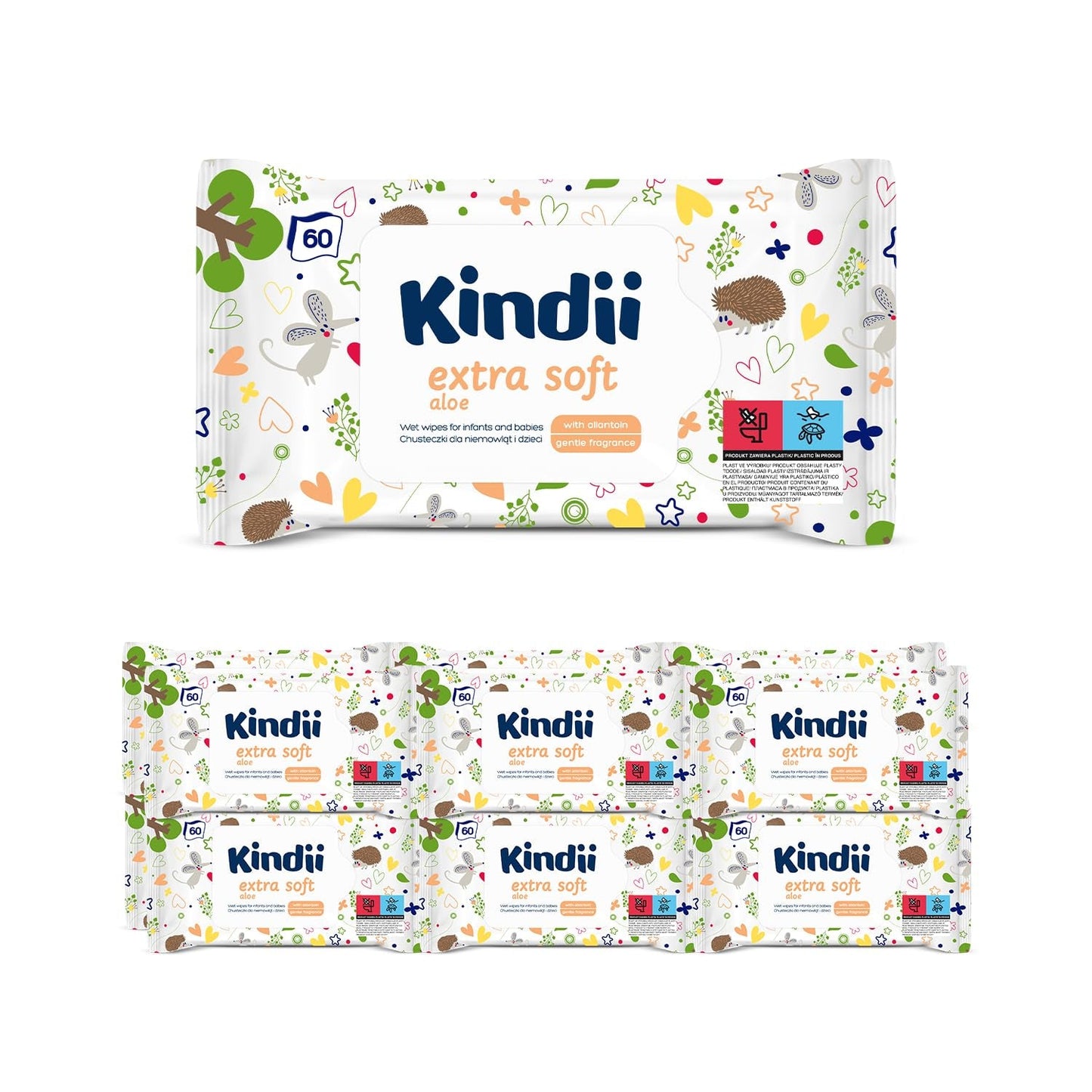 Kindii Natural Balance vlhčené ubrousky pro miminka – (1 x 60 ks) Vlhčené ubrousky pro miminka a děti – Ochranné, Aloe Vera, Jemná vůně – 60 ks.