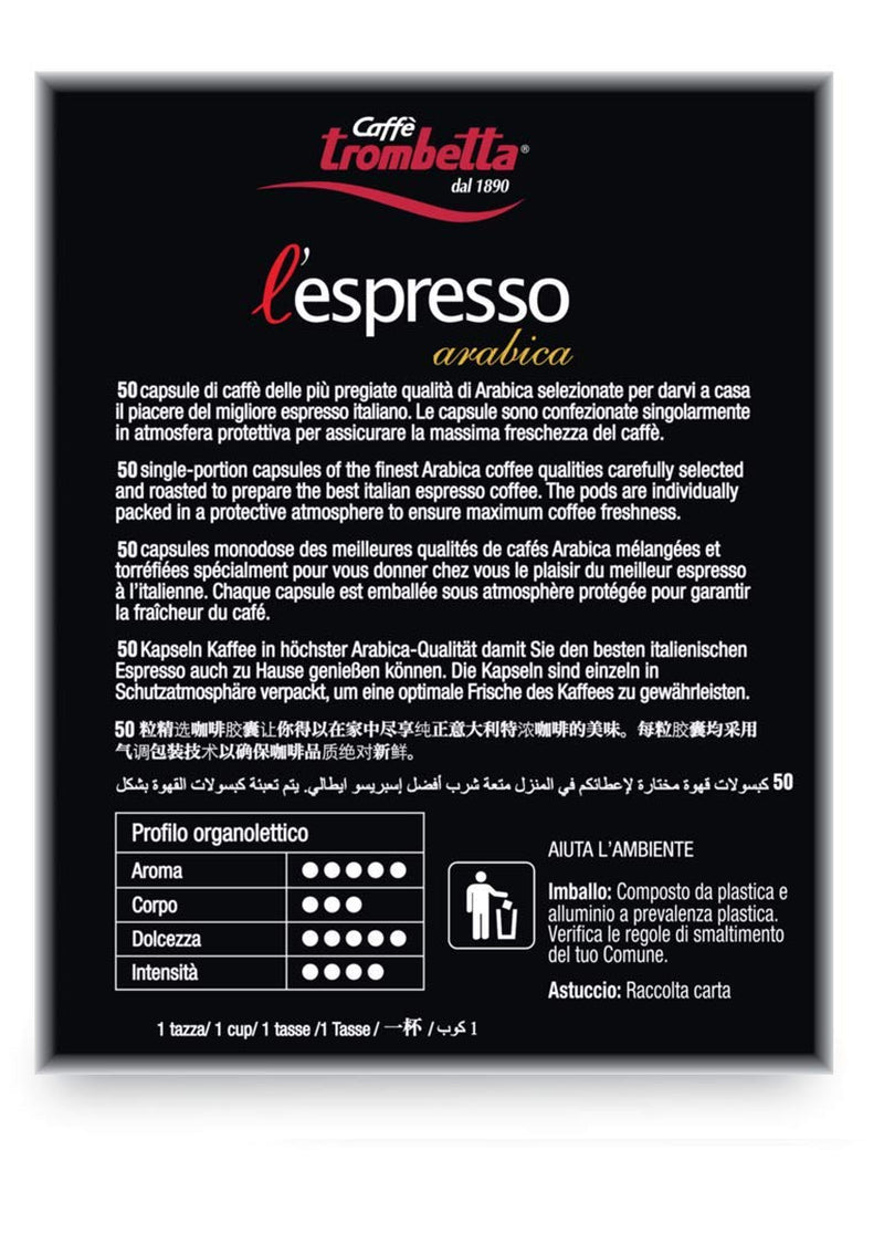 Caffè TROMBETTA L 'Espresso, Italien Kaffee Kapseln kompatibilní s Nespresso. Aus 100% Arabica mit einem Vollmundigen und Körperreichen - 50 Kapseln, 50 Stück (1er Pack)