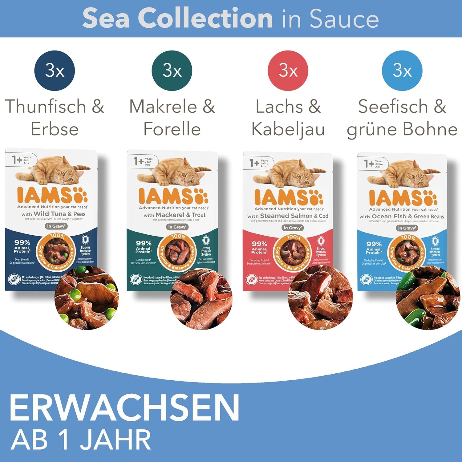 IAMS Delights Sea Collection Katzenfutter Nass - Multipack mit Fisch Sorten (Lachs, Thunfisch, Makreel, Seefisch) v omáčce, Nassfutter für Katzen od 1 Jahr, 12 x 85 g