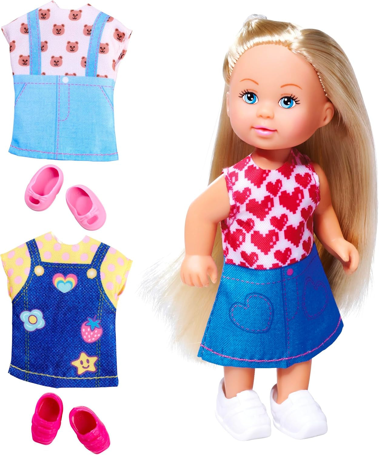 Módní panenka Simba Evi Love v roztomilých džínových šatech, včetně dvou dalších outfitů s rozkošnými potisky a tenisky, 12 cm, věk 3+