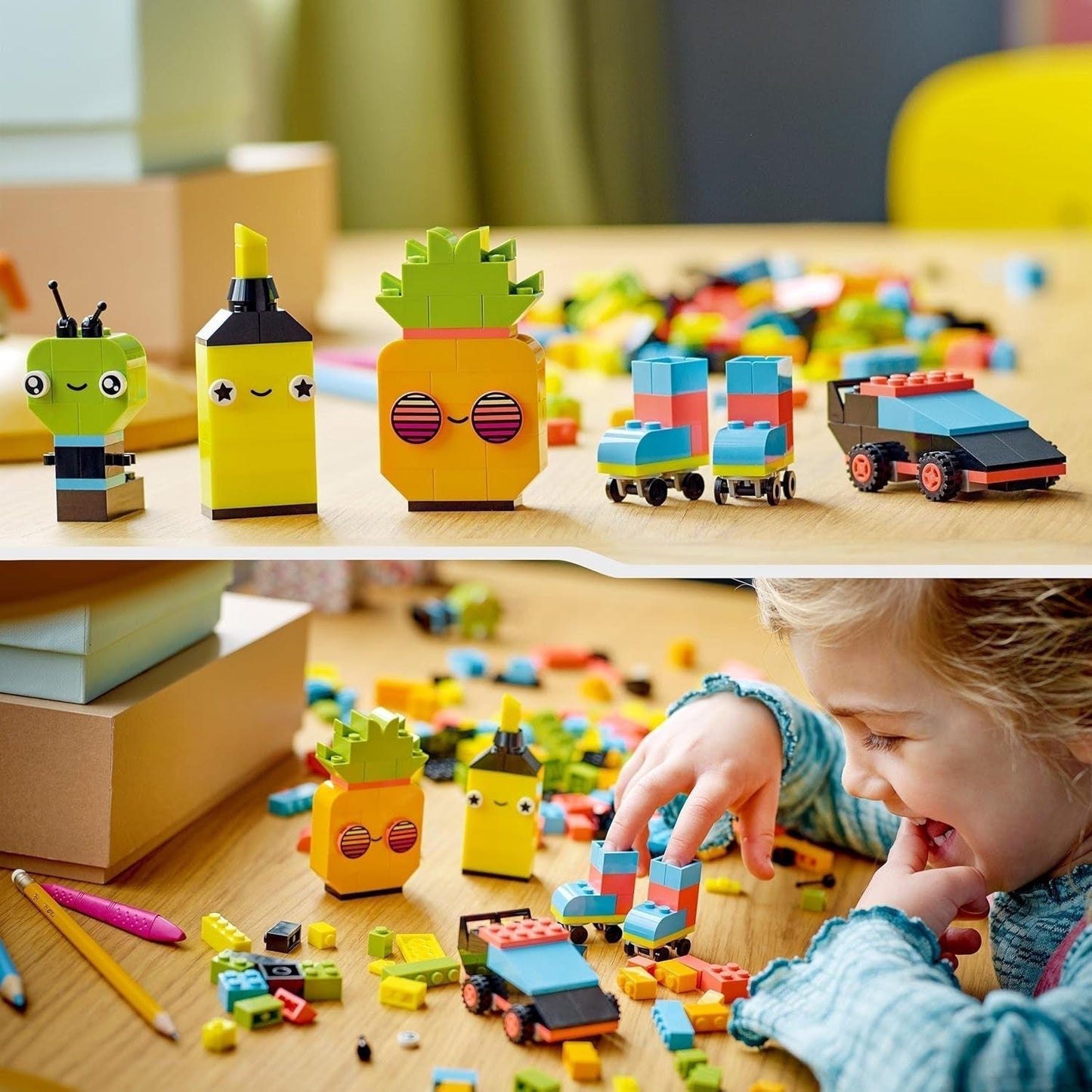 LEGO 11027 Classic Neon Kreativní stavebnice, Stavebnice, Stavebnice s modely: auto, ananas, mimozemšťan, kolečkové brusle, figurky a další, pro děti od 5 let Stavebnice Besuche den LEGO-Store