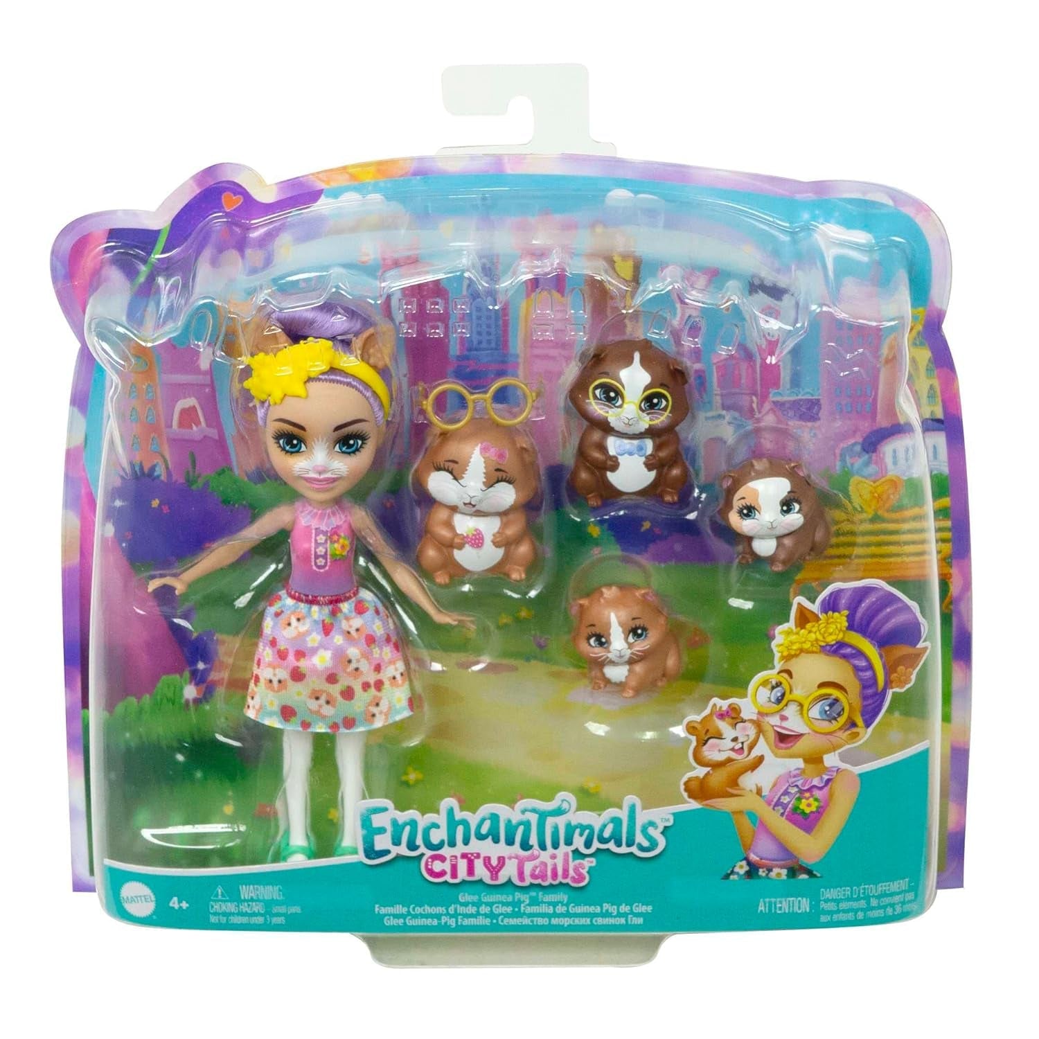 ENCHANTIMALS Rodina morčat City-Tails Glee – panenka morčat se 4 rozkošnými figurkami morčat, pro děti od 4 let, HHB84