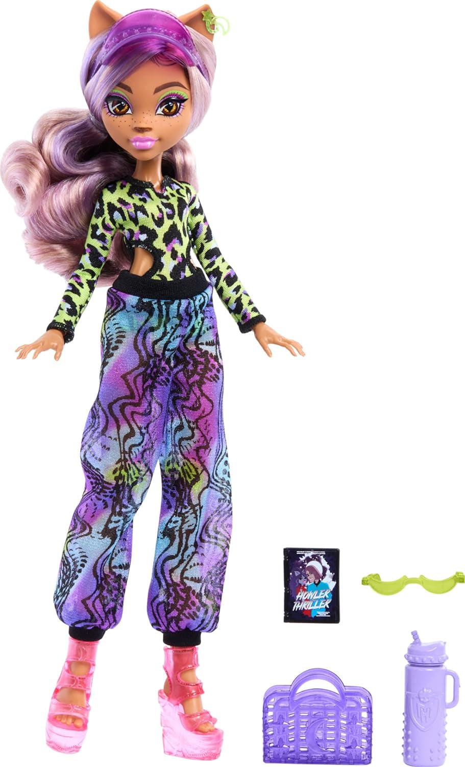 Panenka Monster High Scare Adise Island Clawdeen Wolf s plavkami, joggingovými kalhotami a plážovými doplňky, jako je kšilt, láhev s vodou a kniha