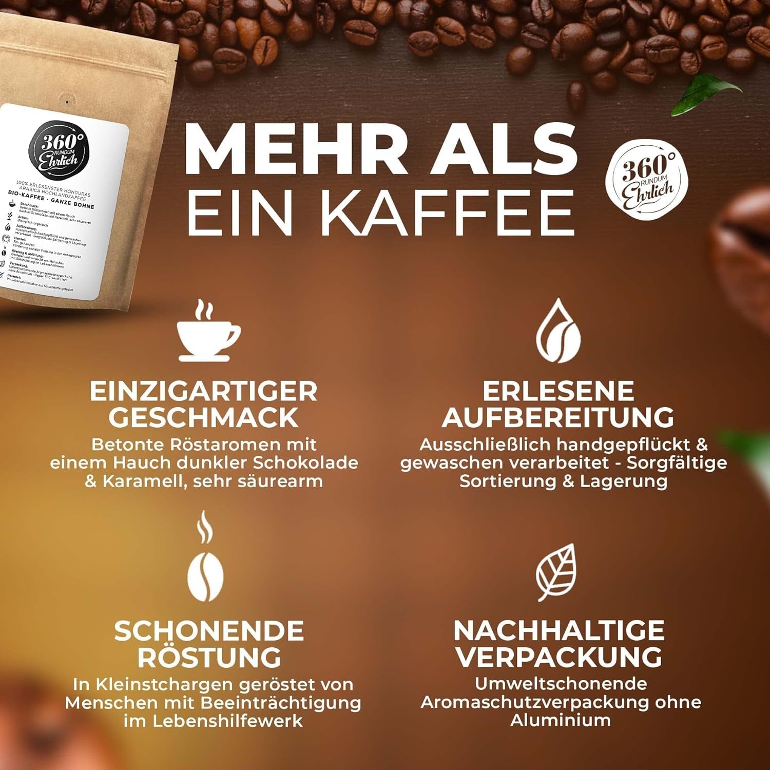 Premium Bio Kaffeebohnen 1000g, 100% Honduras Hochland Arabica Kaffeebohnen Bio - Köstlich, jemná, säurearm - Bio Kaffee ganze Bohnen - Ideal als Kaffeebohnen Vollaautomat - 360° Rundum Ehrlich
