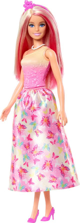 Královská panenka Barbie s blond a růžovými efektními vlasy, barevné doplňky, růžový gradientní top a motýlí sukně, HRR08 Naty Shop Dolls