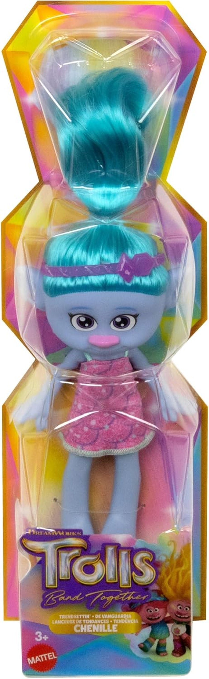 Mattel DREAMWORKS Trolls United We Stand - Chlupatá panenka Chlupaté překvapení s jiskřivě modrými vlasy, fialovou čelenkou, věk 3 a více, HNF15