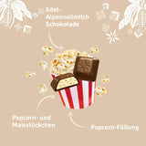 Schogetten popcorn 1 čokoláda x 100g, mléčná čokoláda s popcornem a kousky kukuřice, praktické jednotlivé kousky. Delikatesa. Kousek po kousku.