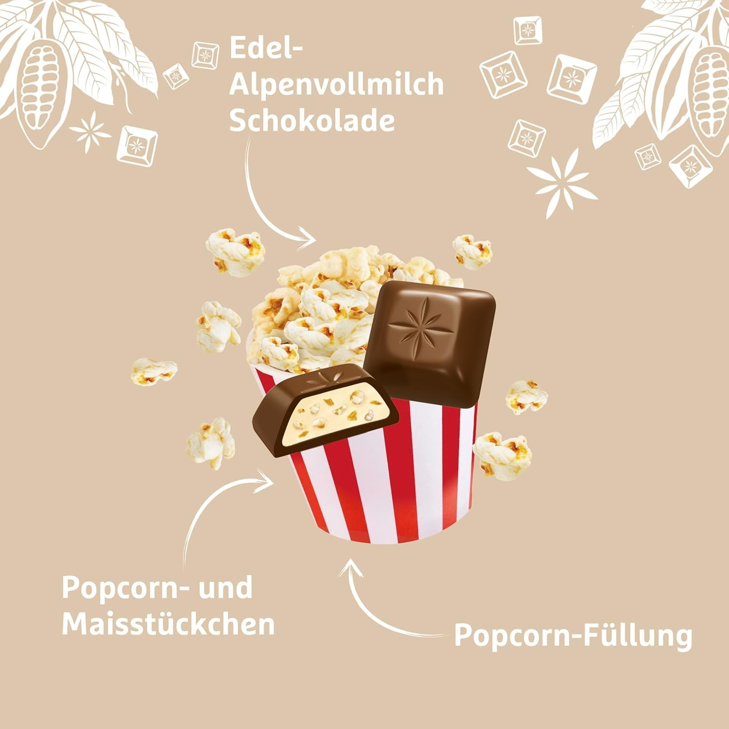 Schogetten popcorn 1 čokoláda x 100g, mléčná čokoláda s popcornem a kousky kukuřice, praktické jednotlivé kousky. Delikatesa. Kousek po kousku.