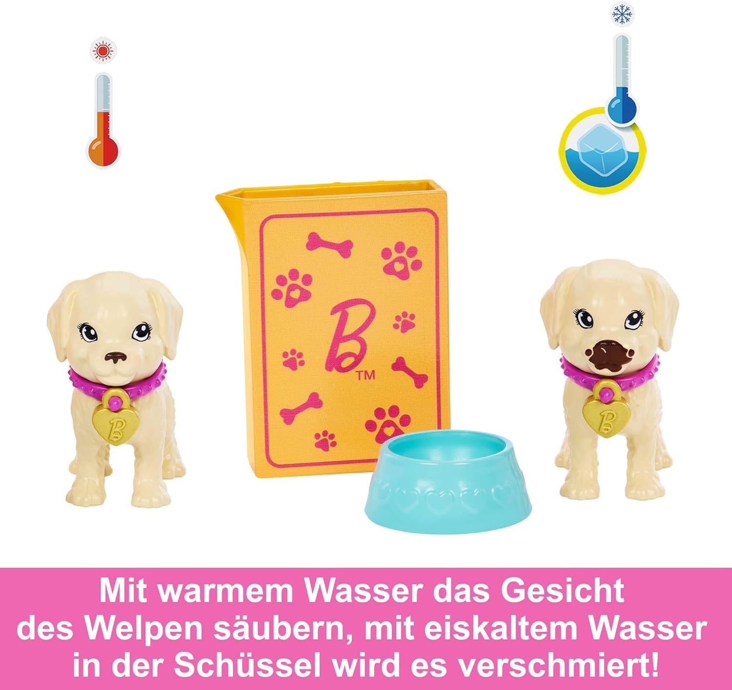 Adopční štěně Barbie - panenka a 2 štěňata, s adopčními certifikáty, efektem změny barvy, klecí a doplňky, pro děti od 3 let, 86 HKD