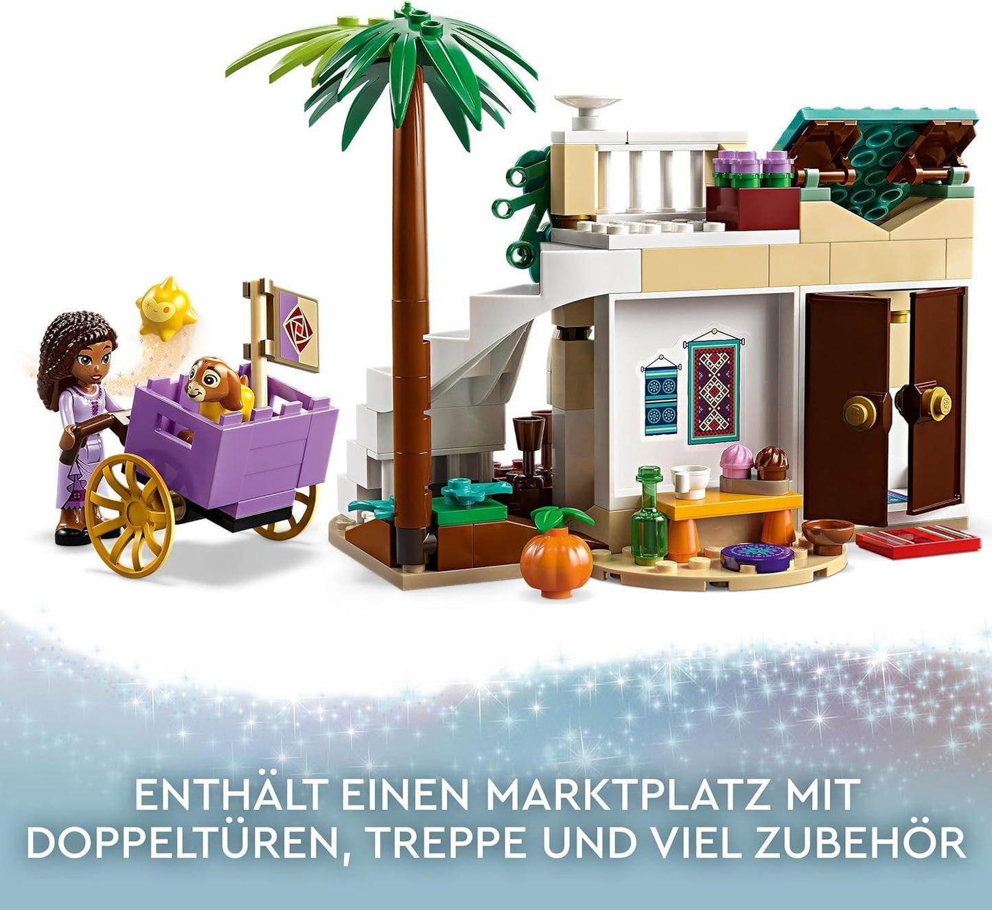 LEGO 43223 Disney Wish Asha v Rosas City, Filmová sada přání s trhem, Minipanenka Asha, Valentino jako kozička a figurky hvězd, Dárek pro děti od 6 let, Stavebnice pro dívky a chlapce Besuche den LEGO-Store