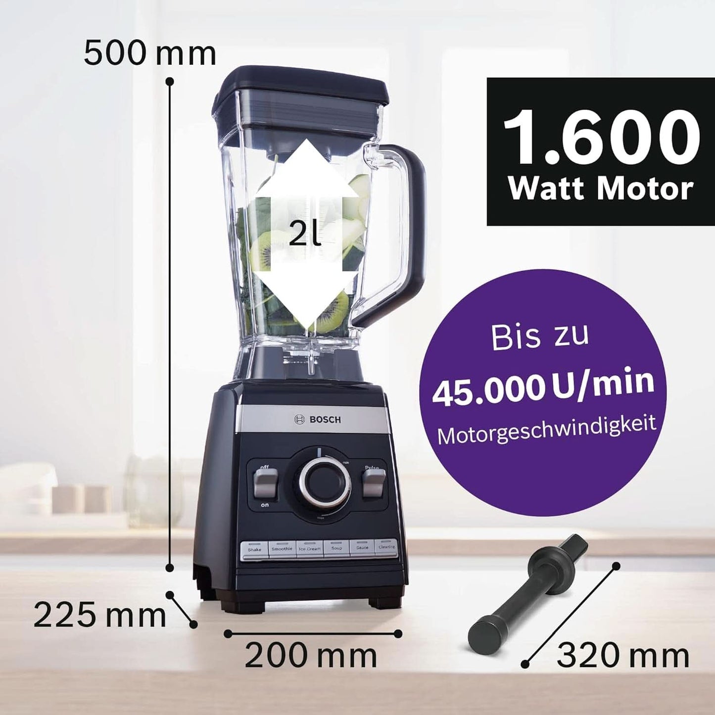 Bosch Standmixer Vitaboost MMBH6P6BDE, 6-Klingen-Edelstahlmesser, 2,5L Tritan-Mixbehälter, Stopfer, 6 Automatikprogramme, Rezeptbuch, Bpa-Frei, Einfache Reinigung, 45 000 U/Min, 1600 Na Shop.