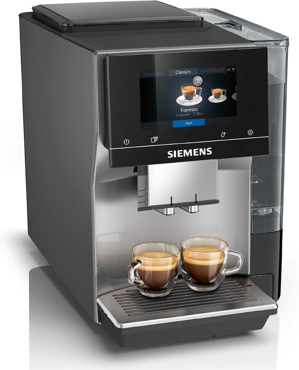 Automatický espresso kávovar Siemens EQ700 classic TP715D01, ovládání aplikací, cold brew, intuitivní dotykový displej, až 10 jednotlivých kreací kávy jako oblíbené, automatické čištění párou, 1500 W, stříbrná šedá