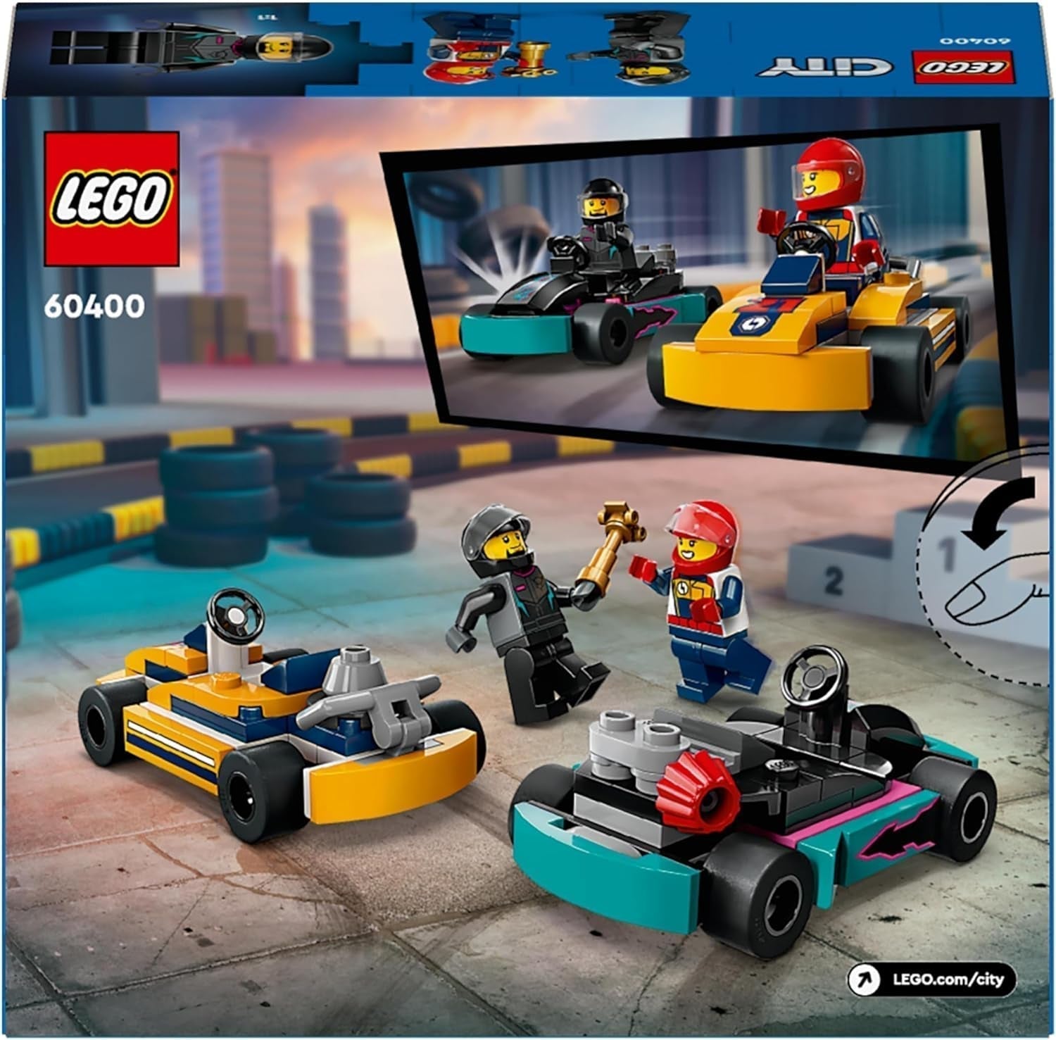 LEGO City motokáry s ovladači, sada 2 minifigurek řidičů a závodních aut, autíčka pro kluky a holky od 5 let, zábavný dárek pro děti 60400 stavebnic Besuche den LEGO-Store