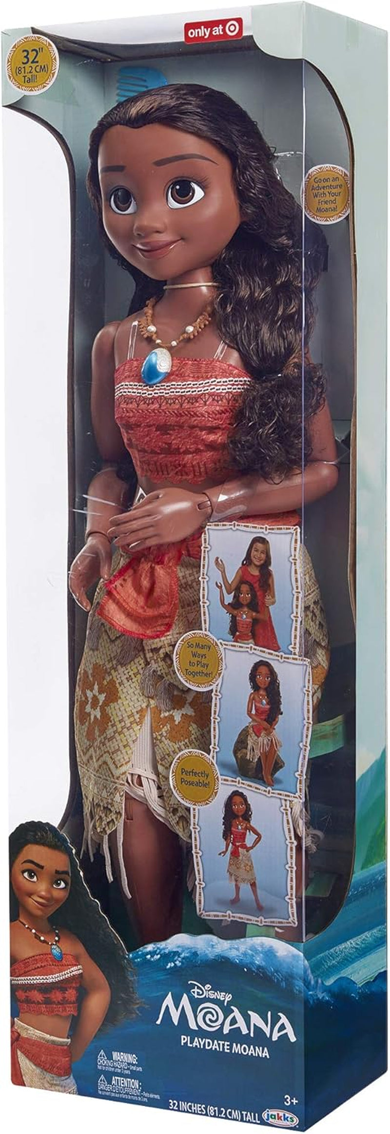Disney Princess Vaiana, 80 cm velká loutka z Jakks Pacific, bewegliche loutka, mit Bürste zum Kämmen ihrer welligen Locken, vom Kleid inspirovaný filmem, abnehmbare Halskette mit Anhänger