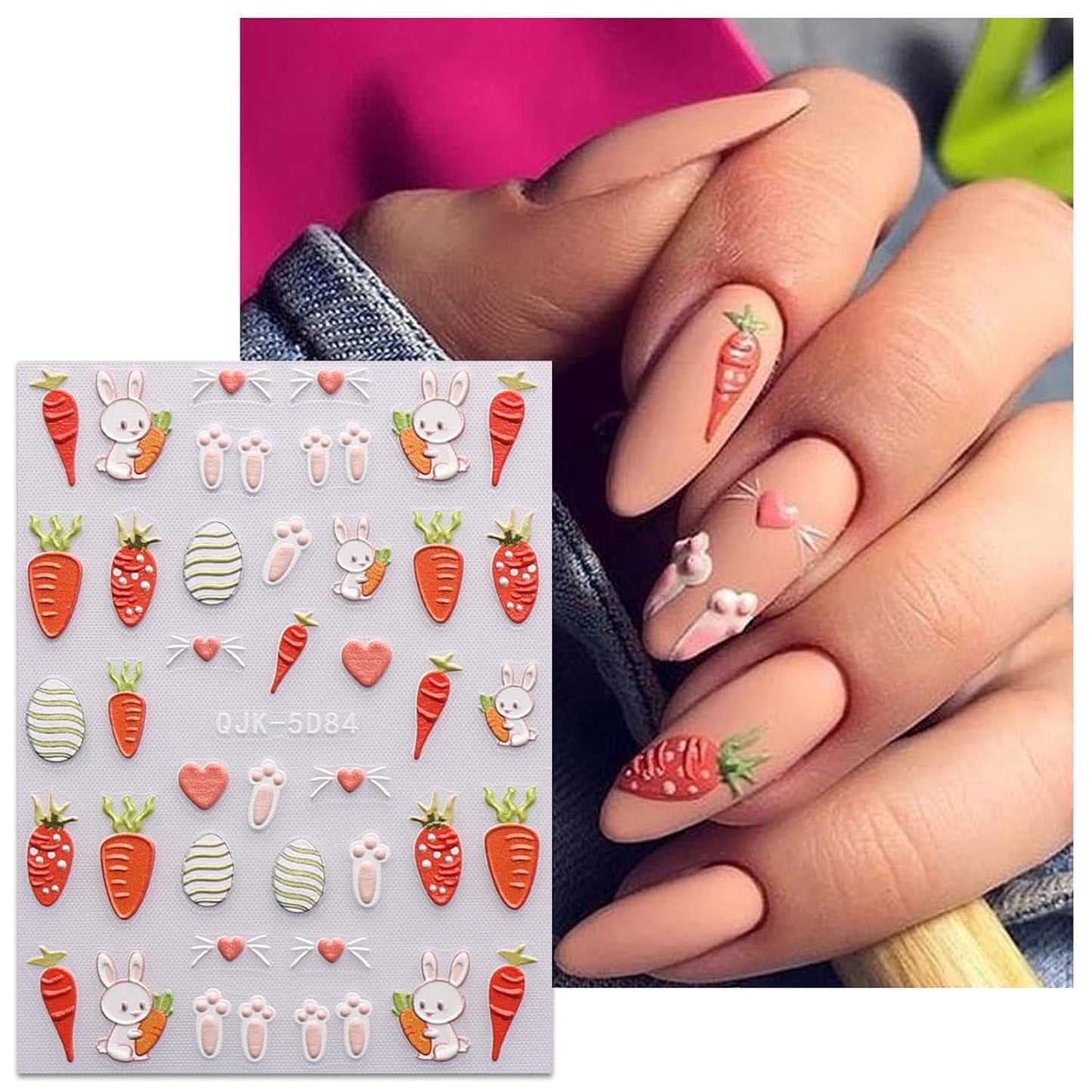 JMEOWIO 6 Blatt 3D Nálepka na nehty Ostern Nail Art Nálepka Selbstklebend Nagelaufkleber 5D Stereoskopisch Süßer Hase Ei Dekoration Nageldesign Zubehör
