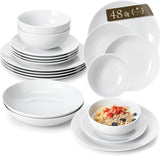MALACASA Sada jídelního nádobí pro 12 osob, 48dílná sada moderního porcelánového nádobí Amelia, Obsluha s 12 talíři, dezertními talíři, talíři Suma a misky na cereálie, Moderní sada nádobí pro 12 osob – bílá