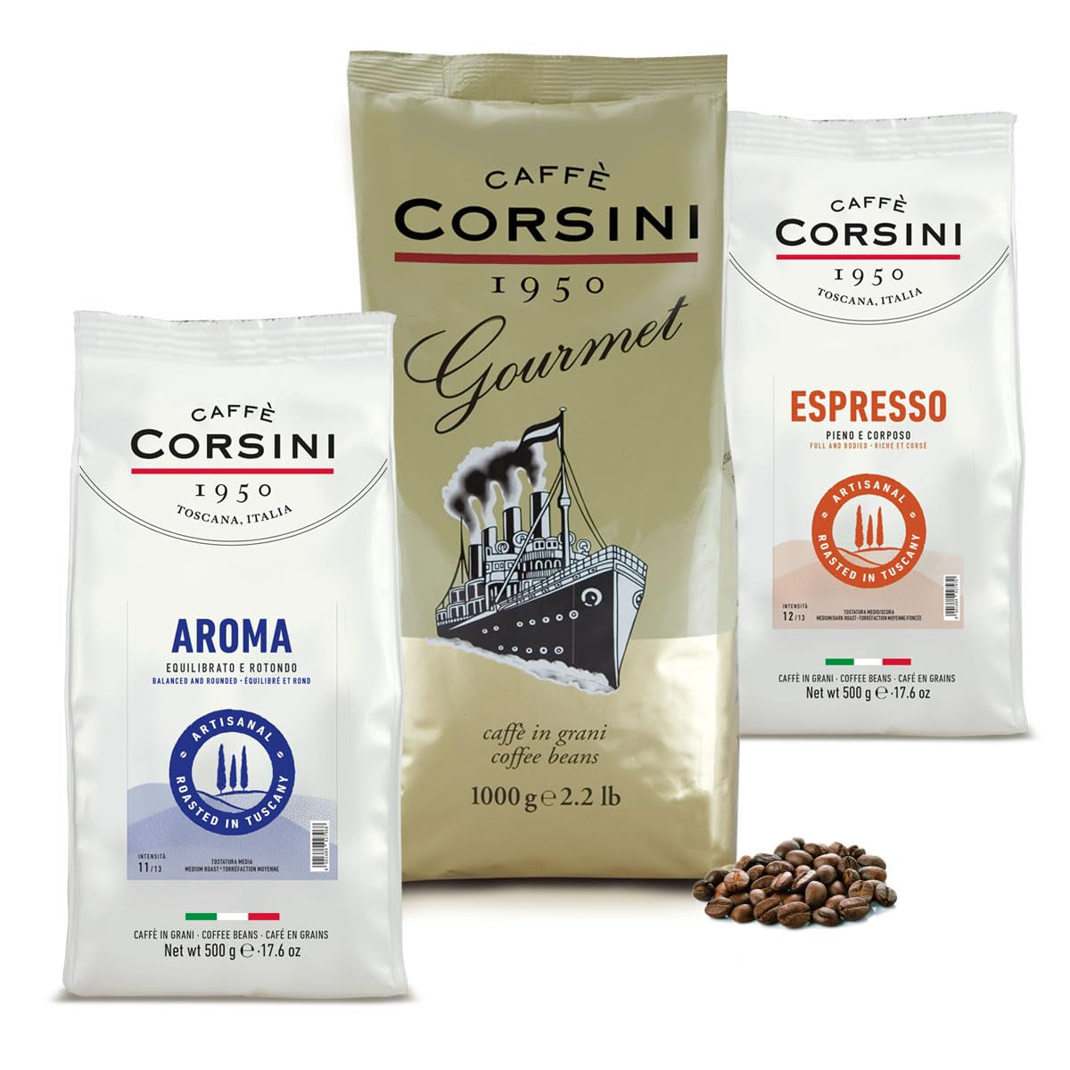 Caffè Corsini - Sada Aromatische Kaffeebohnen Der Perfekte Morgen, Ausgewählter Kaffee, 2x500g + 1Kg Gesamtes Set 2Kg
