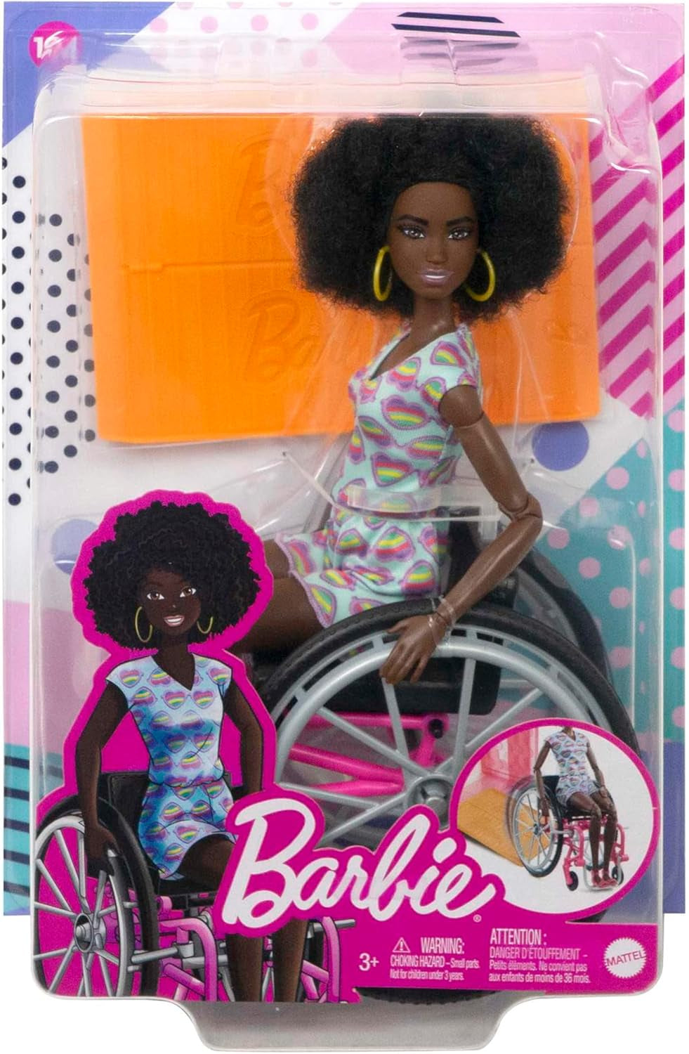 Barbie Fashionistas Černé vlasy Barevný overal Invalidní vozík Rampa Včetně panenky pro invalidní vozík Dětská dárková hračka Věk 3+ HJT14