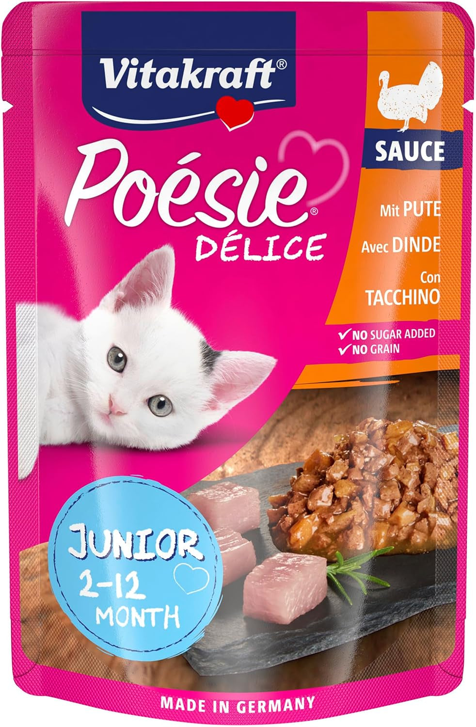 Vitakraft Poésie Délice, Junior, Mokré krmivo pro kočky, Mokré krmivo v omáčce, s krůtím masem, Multipack, pro mladé kočky, Bez přidaného cukru a obilovin (23 x 85 g)