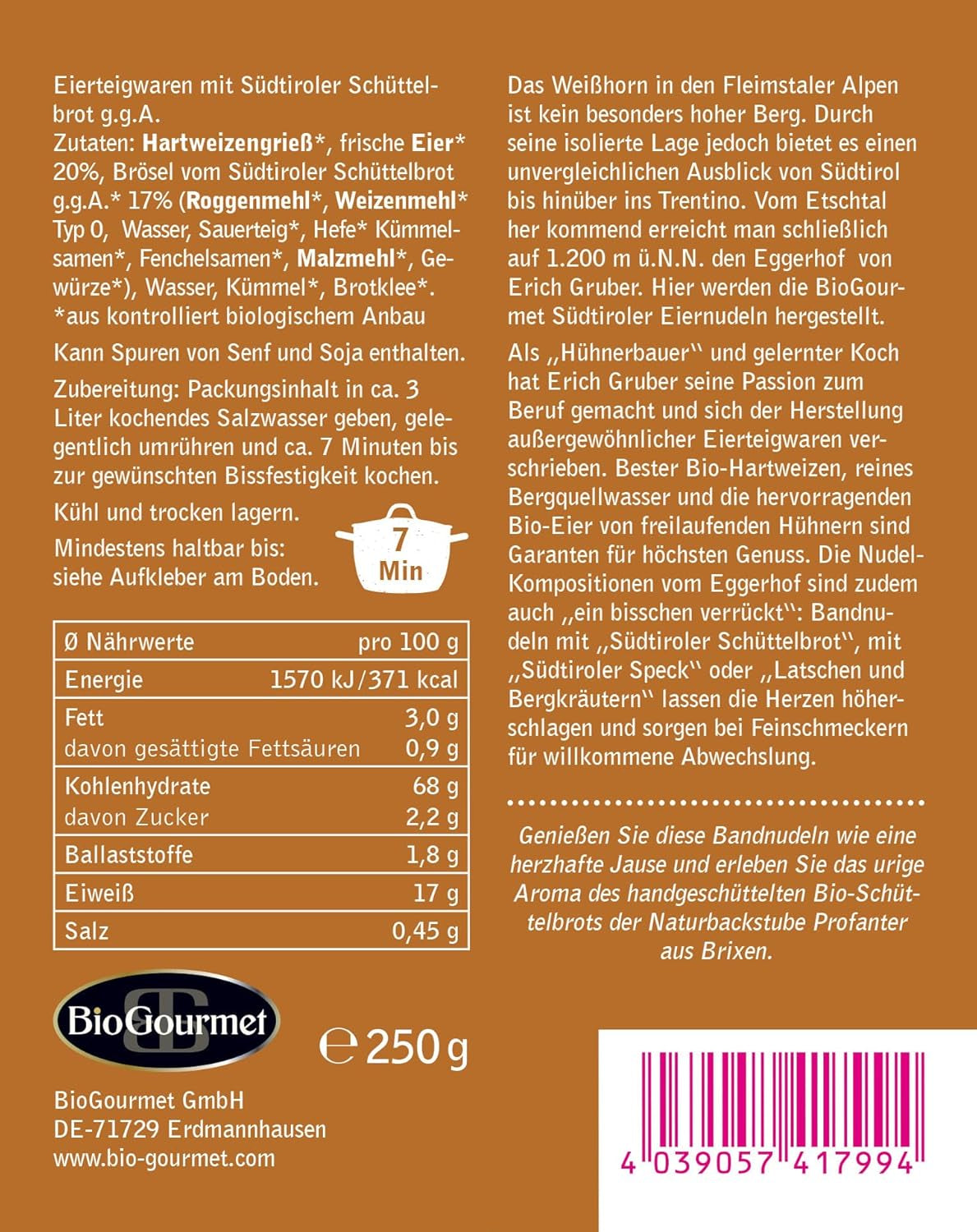 BioGourmet stuhové nudle se Schüttelbrotem z Jižního Tyrolska (CHZO) | Slané a ochucené vaječné nudle s pravou špetkou z Jižního Tyrolska | 1 x 250 g bio