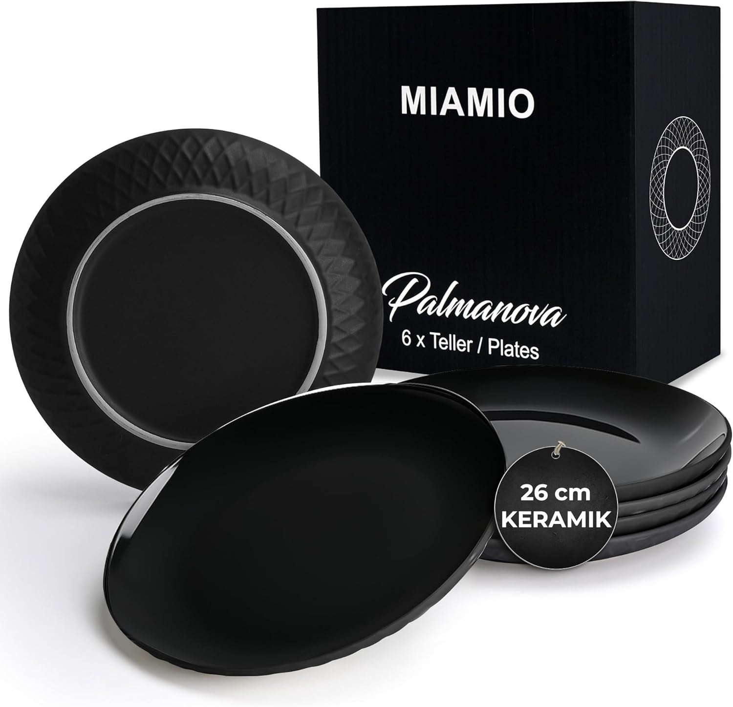 MIAMIO - 6dílná moderní keramická sada nádobí/talíře pro 6 - kolekce Palmanova (černá, velké talíře (6x))