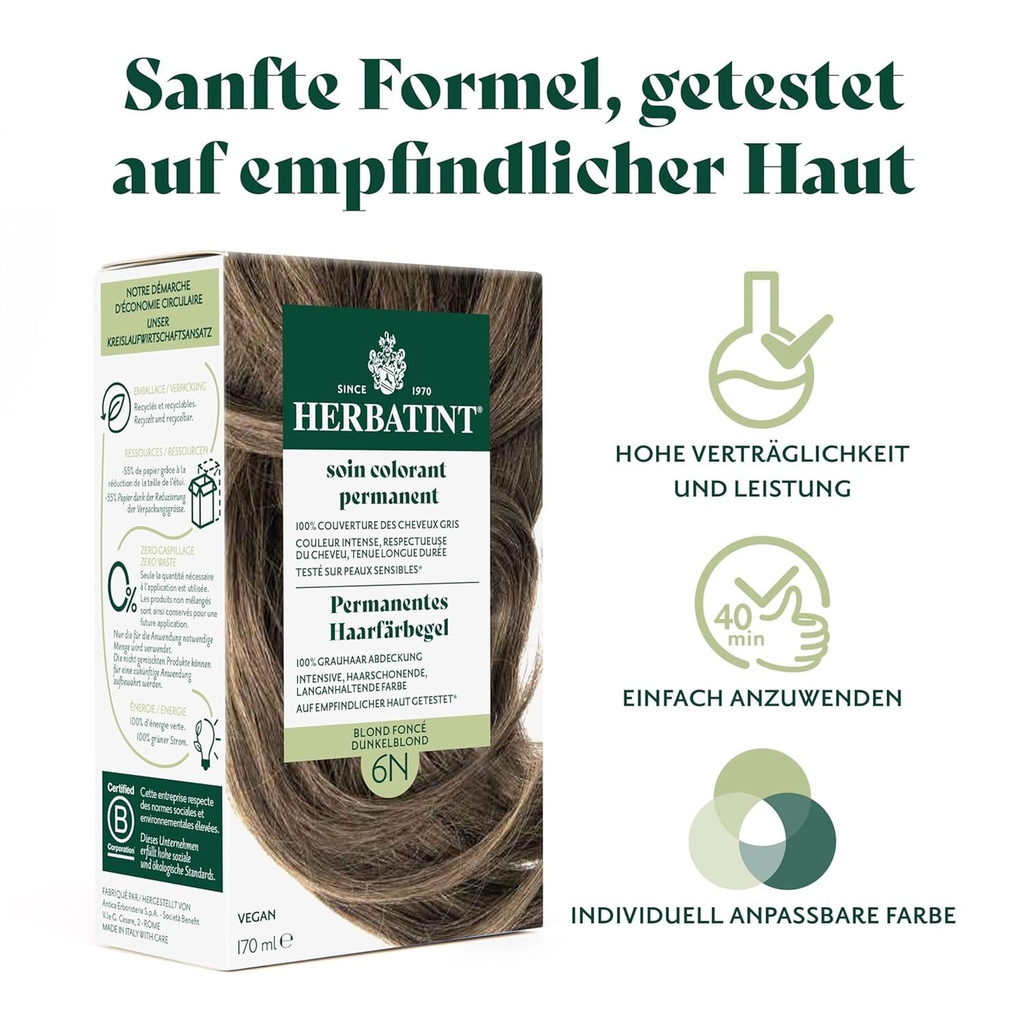 Permanentní gel na barvu vlasů 6N tmavá blond - 170 ml I Bez amoniaku, 100% krytí šedivých vlasů I Testováno na citlivé pokožce, s 8 rostlinnými výtažky Barva na vlasy Naty Shop