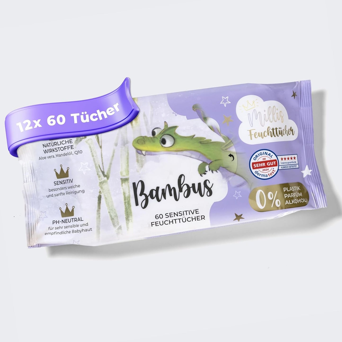 Millis Bamboo Baby Sensitive vlhčené ubrousky pro jemnou dětskou pokožku - 5 x 60 kusů - Přírodní, šetrné a udržitelné čištění - Biologicky odbouratelné dětské ubrousky, bez plastů a alkoholu