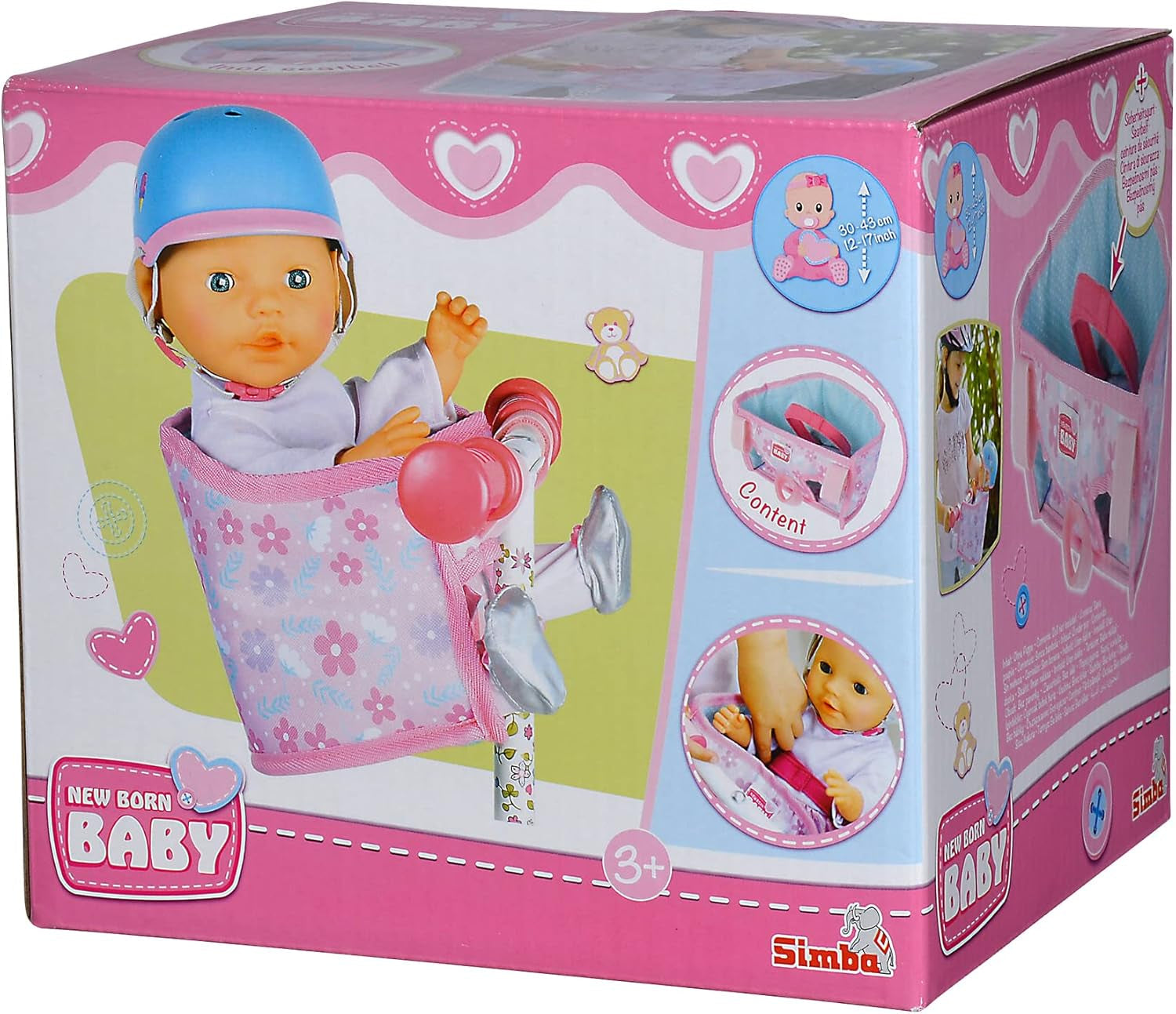 Simba 105560018 - Cyklosedačka pro novorozence s pásem, příslušenství pro panenky, látkové sedátko, bezpečnostní pás, řídítka na suchý zip, pro panenky 30-43 cm, věk 3+