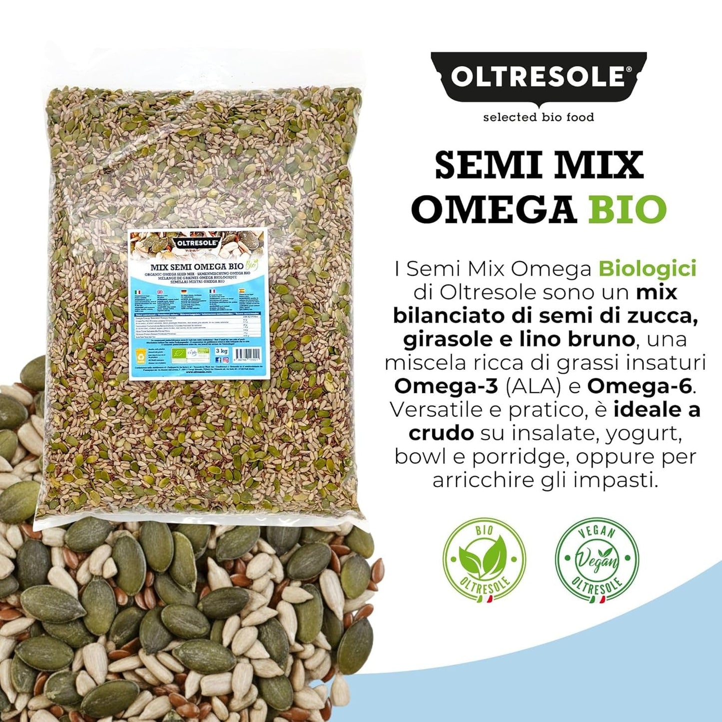 Bio Omega Seed Mix 3 kg (směs dýňových, slunečnicových a lněných semínek), směs 3 celých syrových olejnatých semen, bohatá na bílkoviny, vlákninu a omega-3 mastné kyseliny