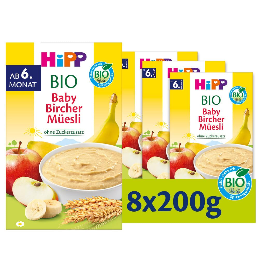 HiPP Bio Baby Bircher Müsli (8 x 250 g), od 6 měsíců, bez přidaného cukru, extra jemné cereální vločky - lehce stravitelná snídaně v té nejlepší bio kvalitě