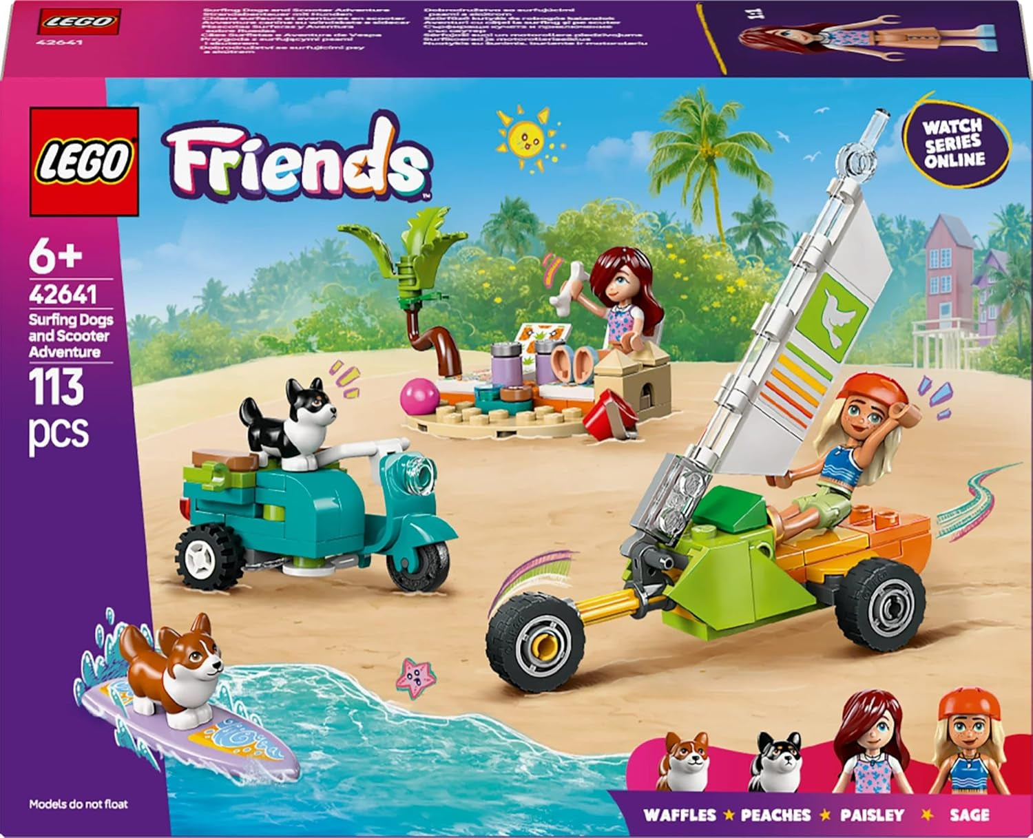 LEGO Friends Plážové dobrodružství se psy Stavebnice pro dívky 6letá zvířátka se 2 minifigurkami a 2 figurkami Corgi Kreativní děti Dárek pro surfové prkno Dobrodružná stavebnice 42641 Stavebnice Besuche den LEGO-Store