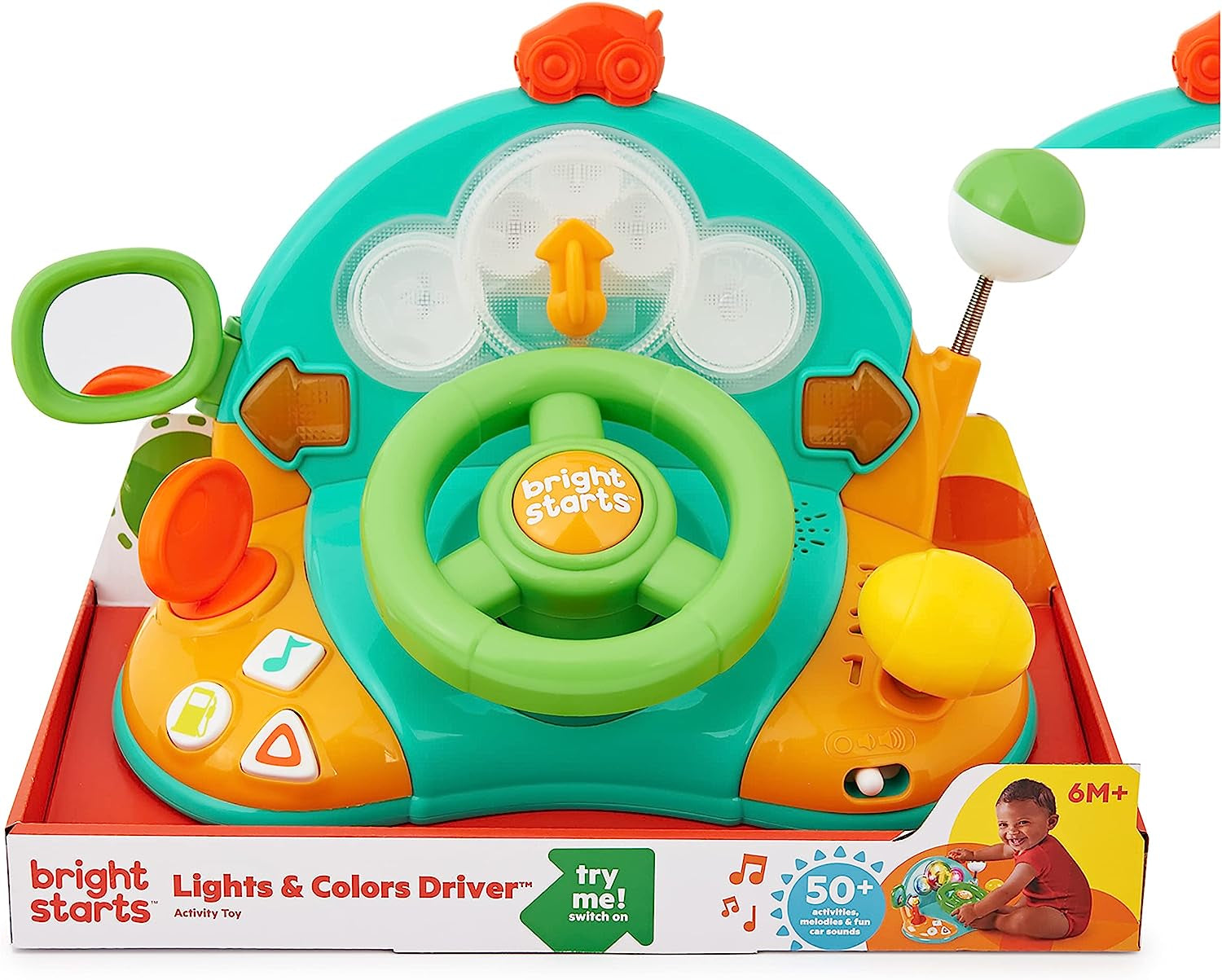 Bright Starts, dětský volant, Lights & Colors Driver, s hudbou, zvuky auta, ukazateli, řadicí pákou a dalšími hračkami Bebe Naty Shop