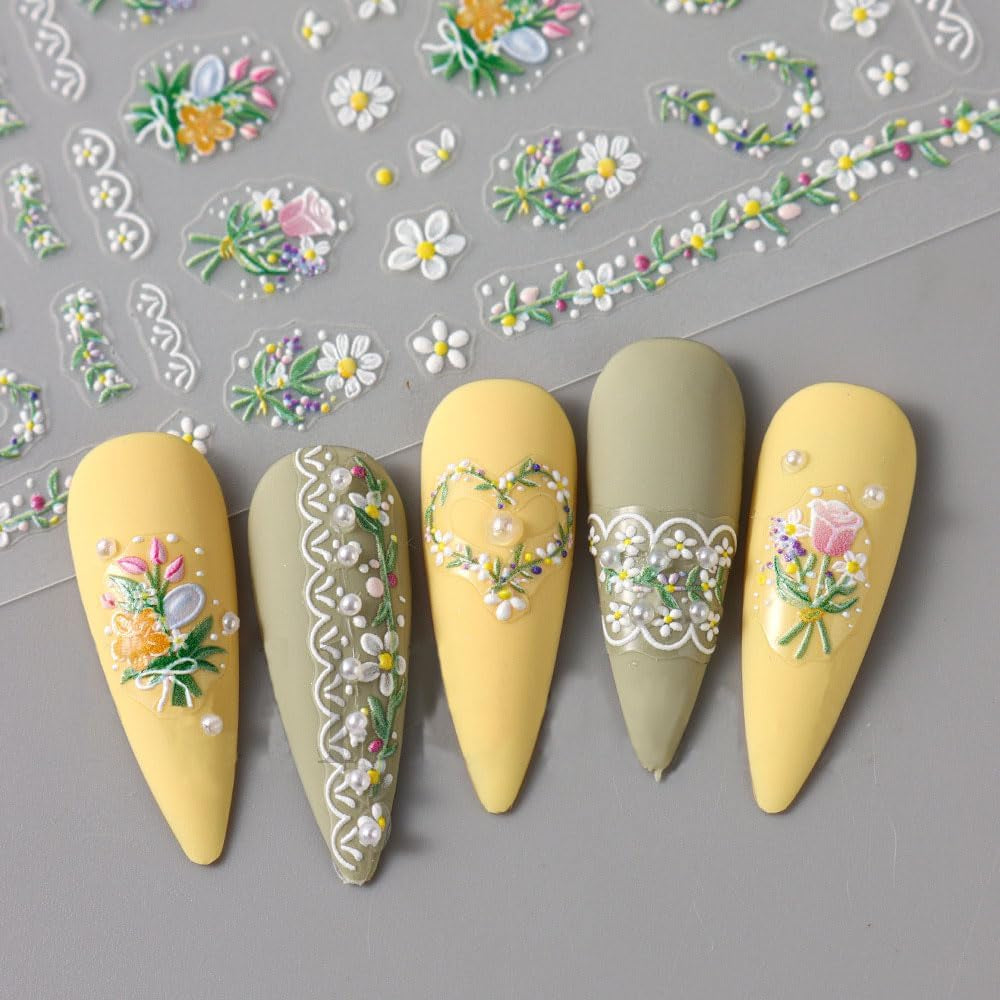 5ks Geprägte Gänseblümchen Nagelsticker Selbstklebend Blumen Nagelaufkleber Gänseblümchen Schmetterling Nagel Sticker Nageldesign Aufkleber Nägel Zubehör Blume Nail Sticker Flower Nail Art Stickers