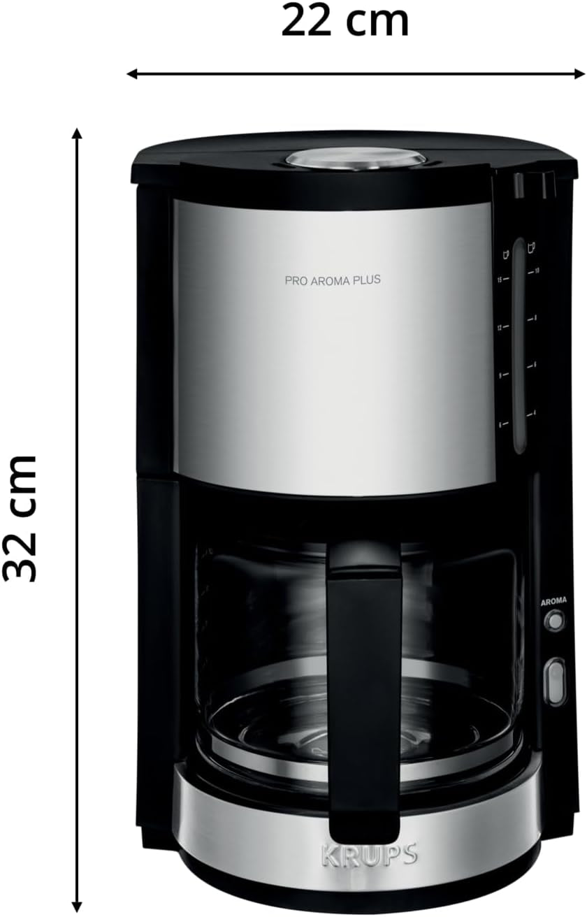 Espresso kávovar Krups KM3210 Pro Aroma Plus, 10 šálků, 1,25 l, udržování teploty po dobu 30 minut, viditelné okénko hladiny vody, systém proti odkapávání, černý s nerezovými aplikacemi