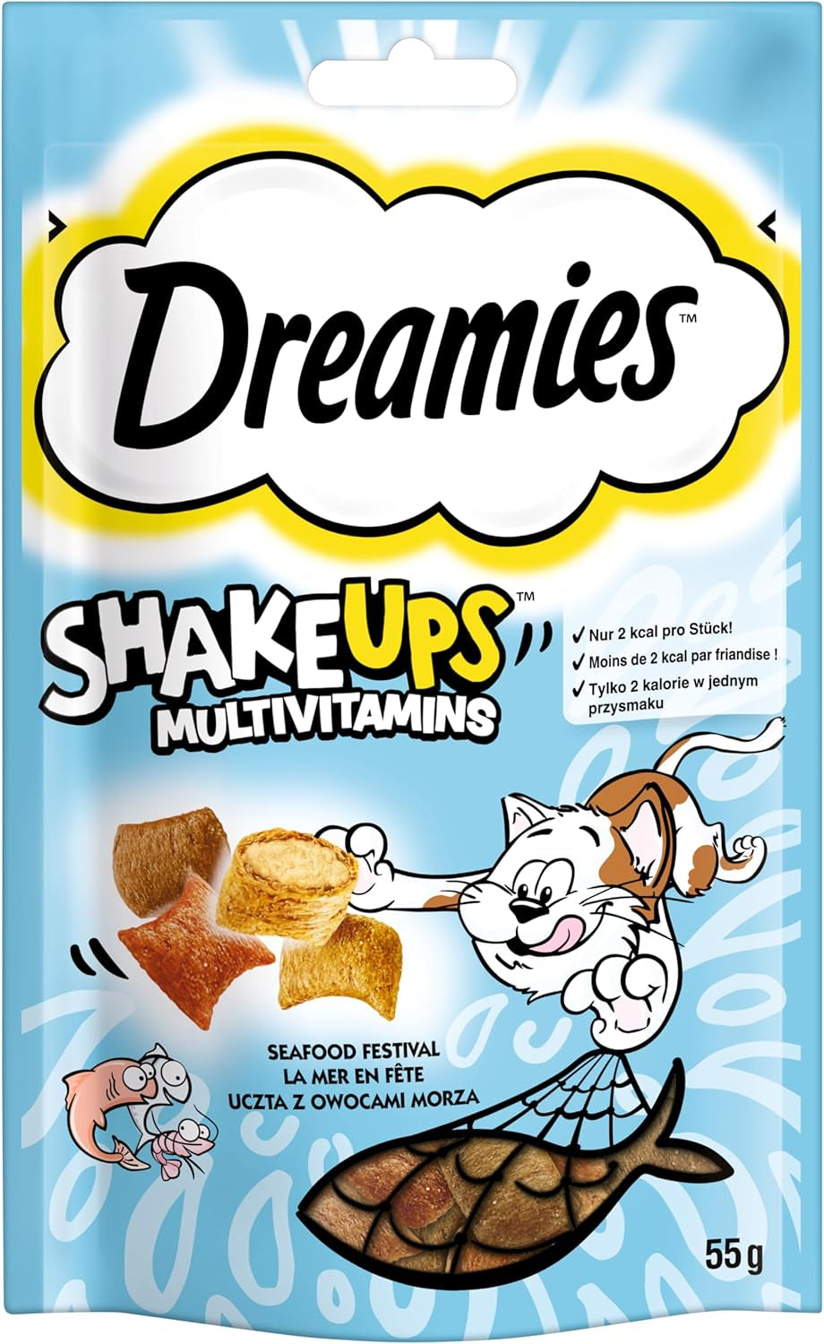 DREAMIES SHAKE UPS Multivitamin Seafood Festival kočičí pamlsky v porcovaných sáčcích – 55 g (6 sáčků)